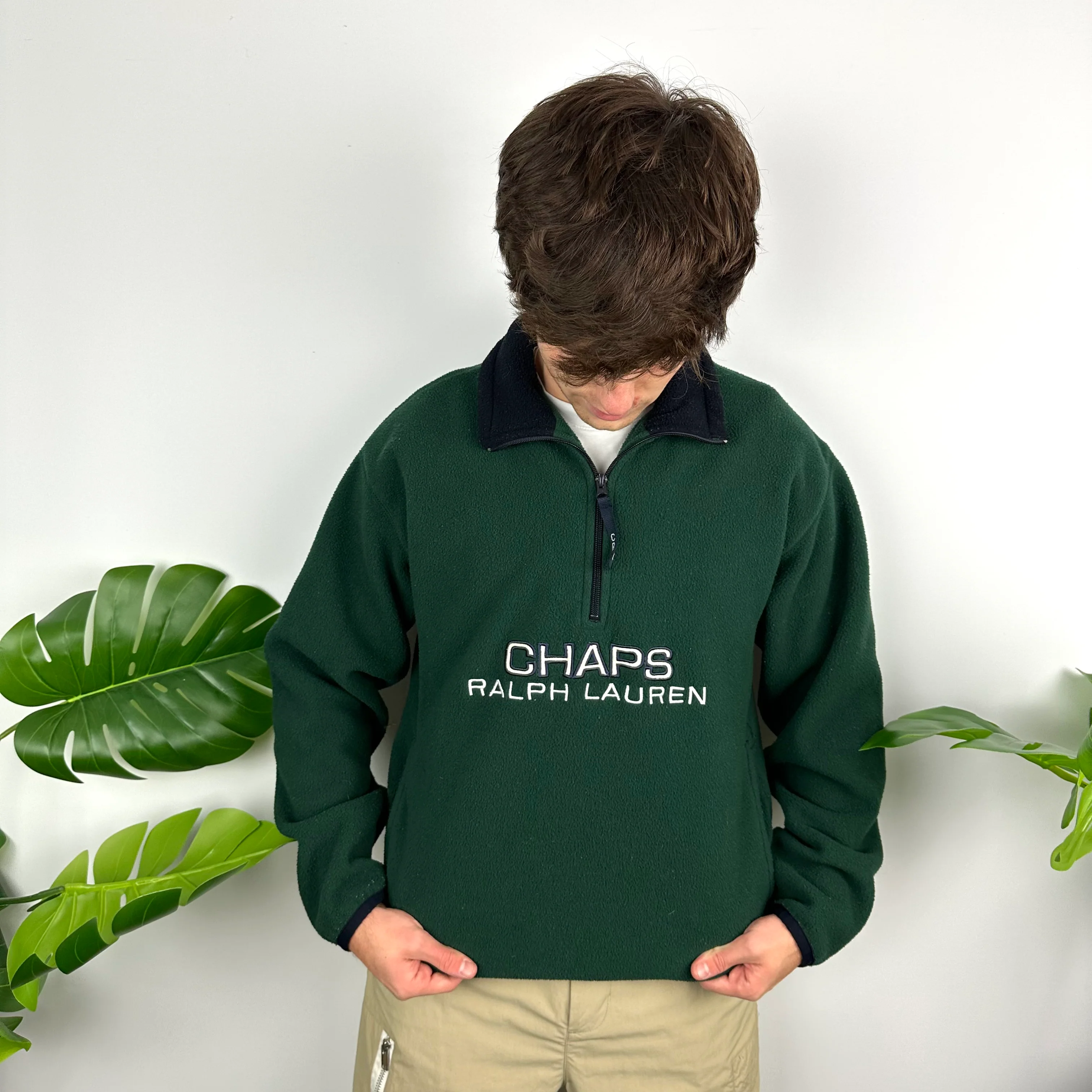 Chaps Ralph Lauren Green Embroidered Spell Out Teddy Bear Fleece Quarter Zip Sweatshirt (M) - Image 8