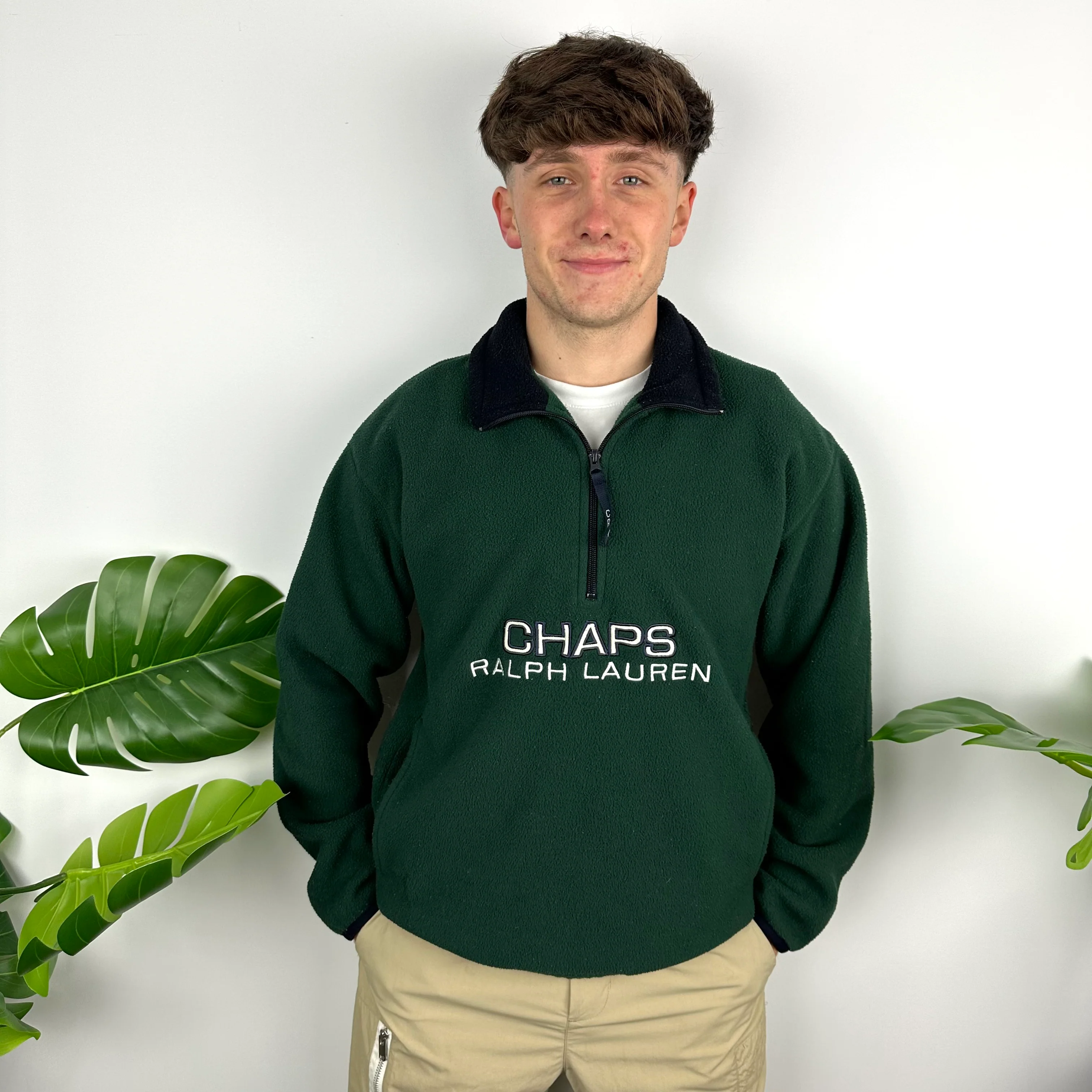 Chaps Ralph Lauren Green Embroidered Spell Out Teddy Bear Fleece Quarter Zip Sweatshirt (M) - Image 9