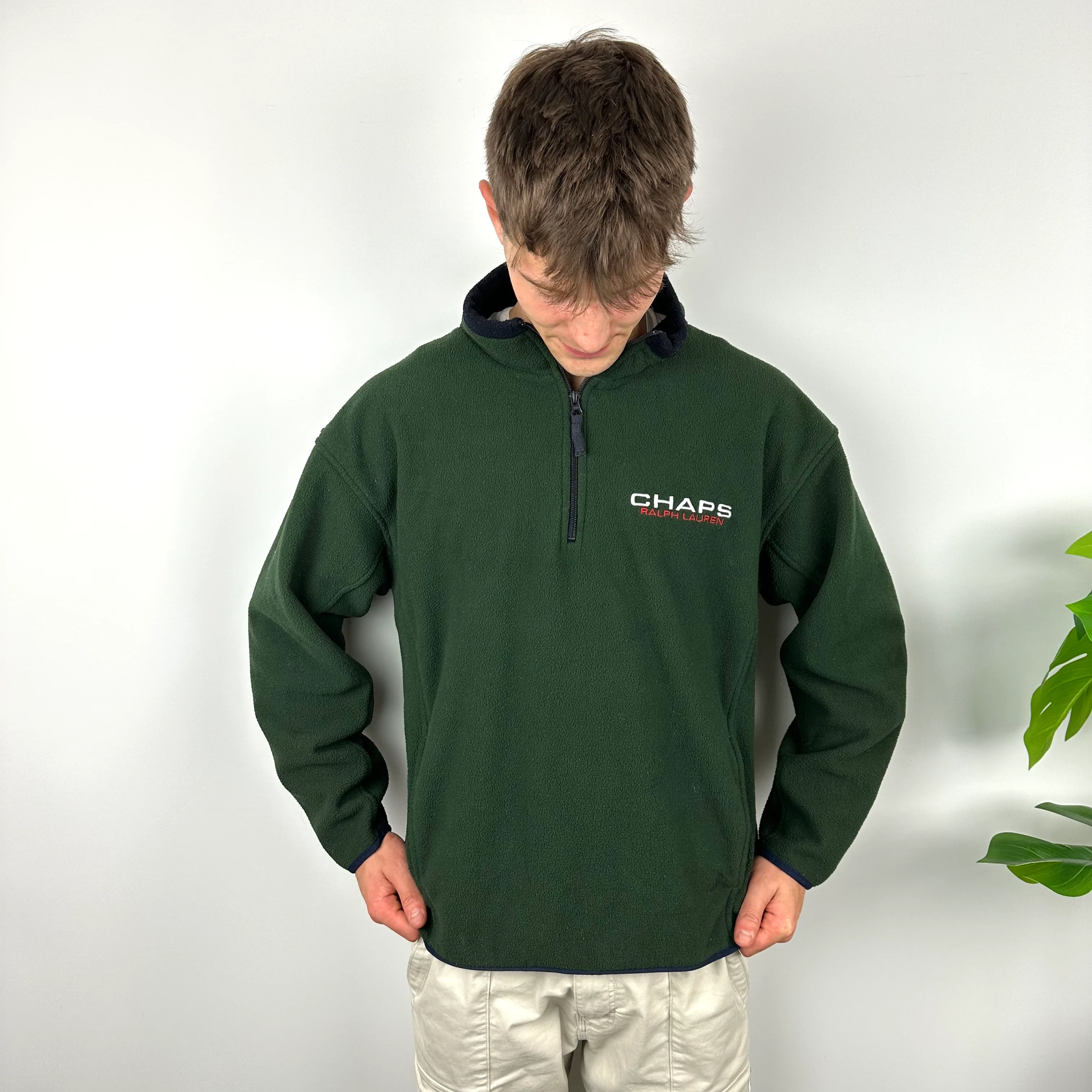 Chaps Ralph Lauren Green Embroidered Spell Out Teddy Bear Fleece Quarter Zip Sweatshirt (L) - Image 5