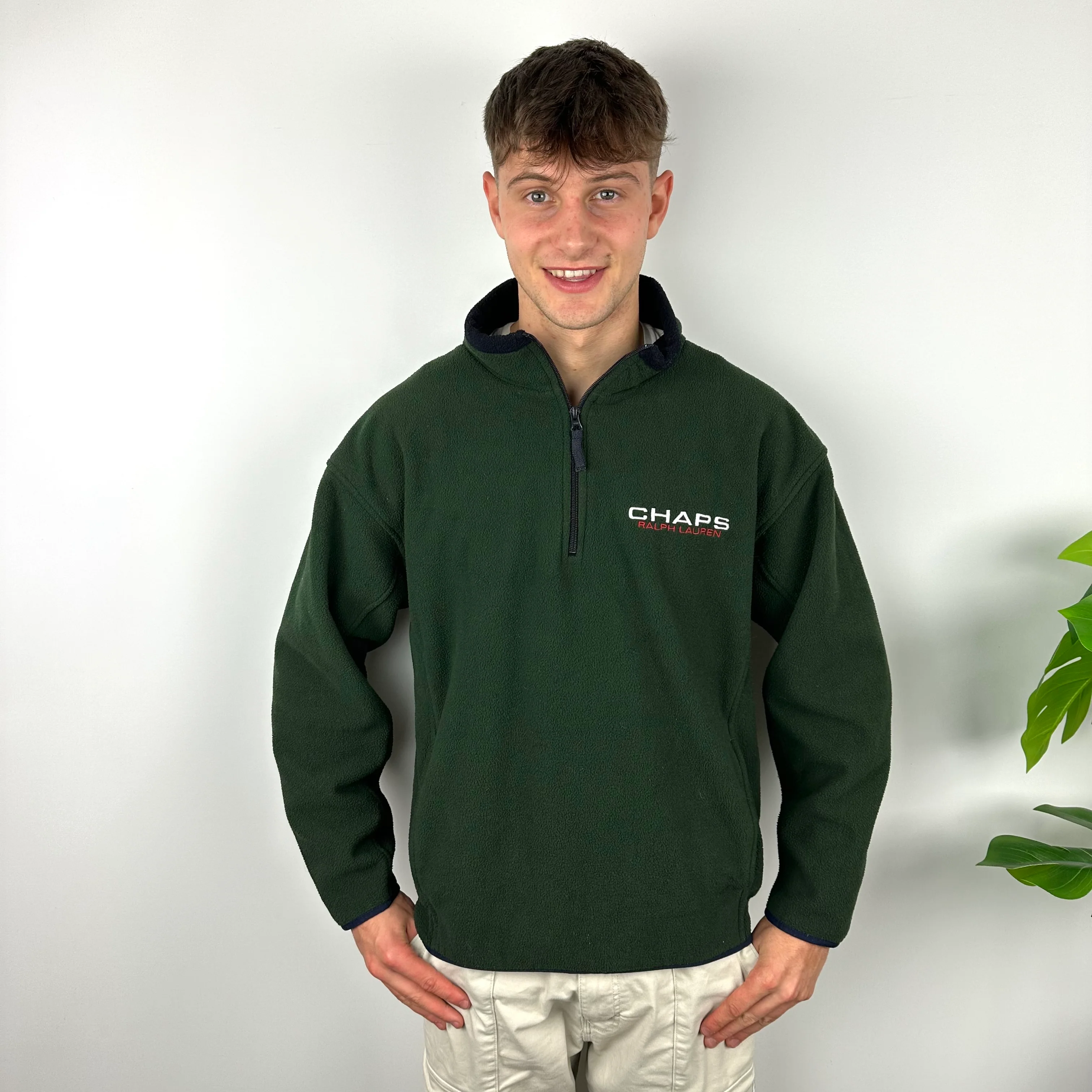 Chaps Ralph Lauren Green Embroidered Spell Out Teddy Bear Fleece Quarter Zip Sweatshirt (L) - Image 6