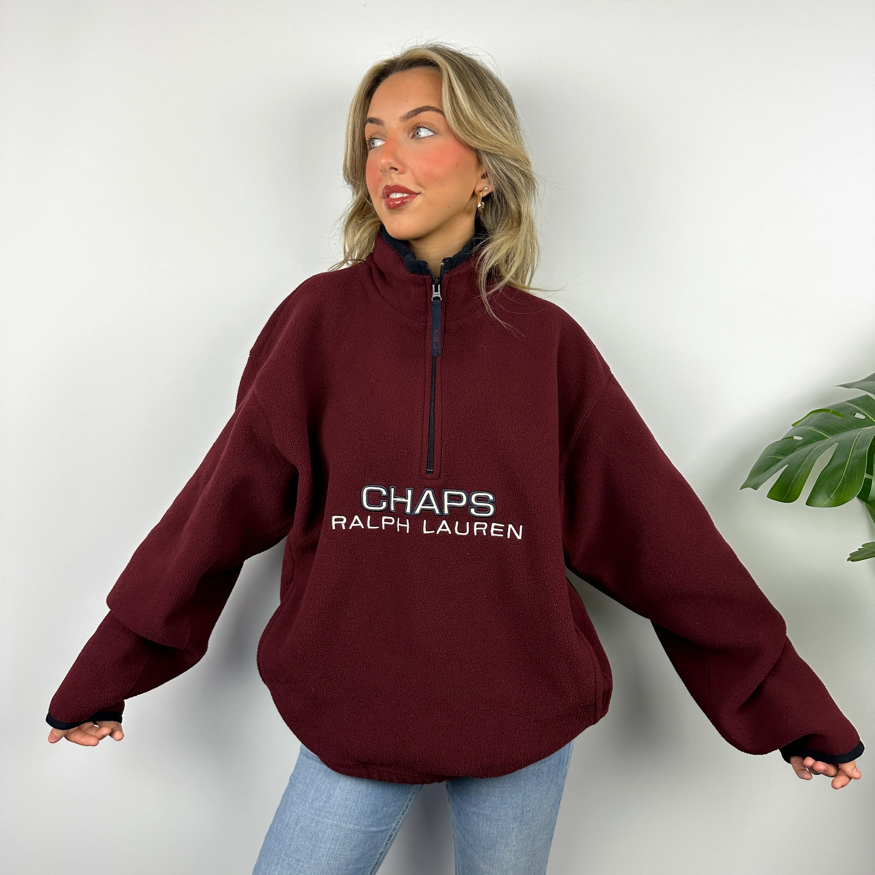 Chaps Ralph Lauren Maroon Embroidered Spell Out Teddy Bear Fleece Quarter Zip Sweatshirt (L) - Image 2
