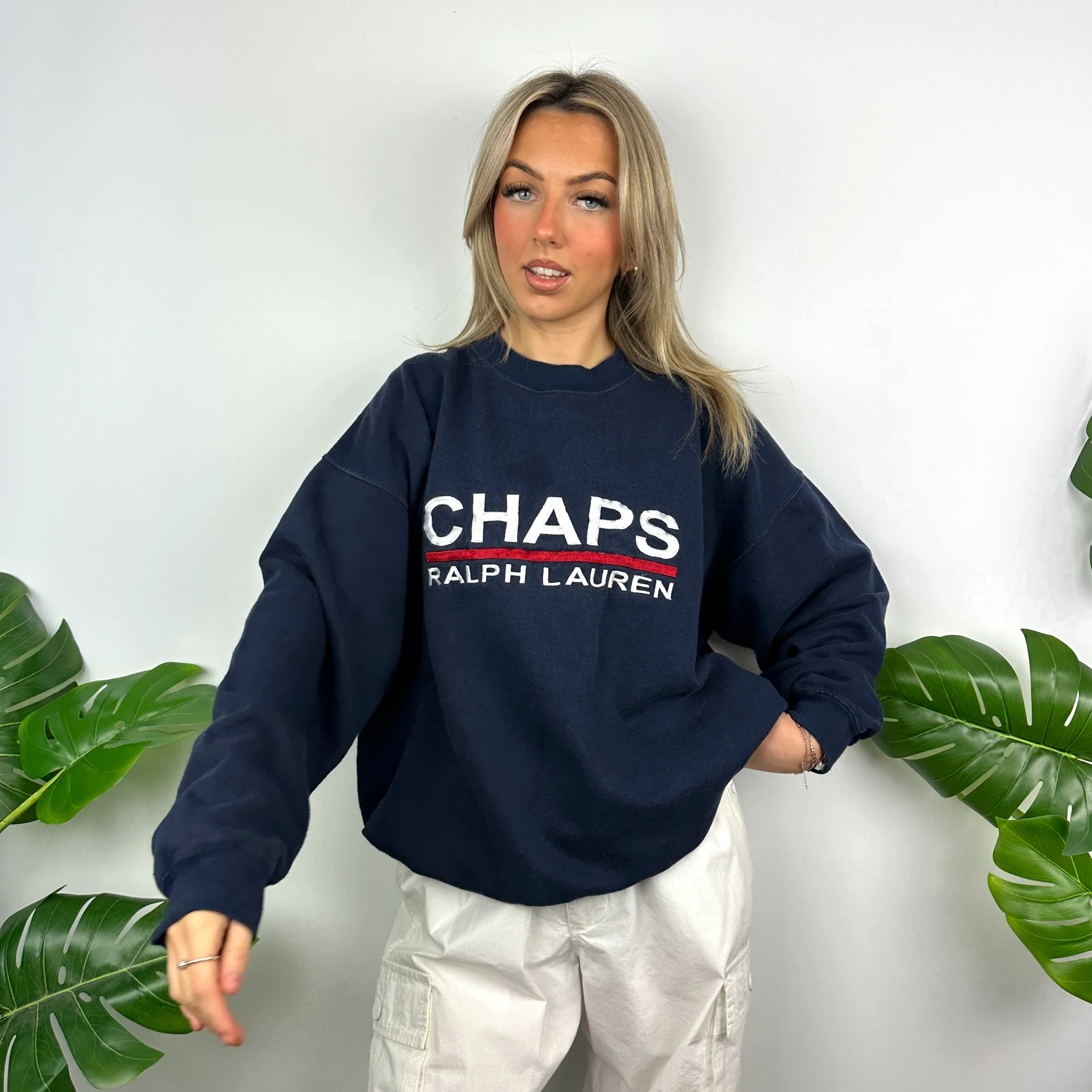 Chaps Ralph Lauren Navy Embroidered Spell Out Sweatshirt (L) - Image 2