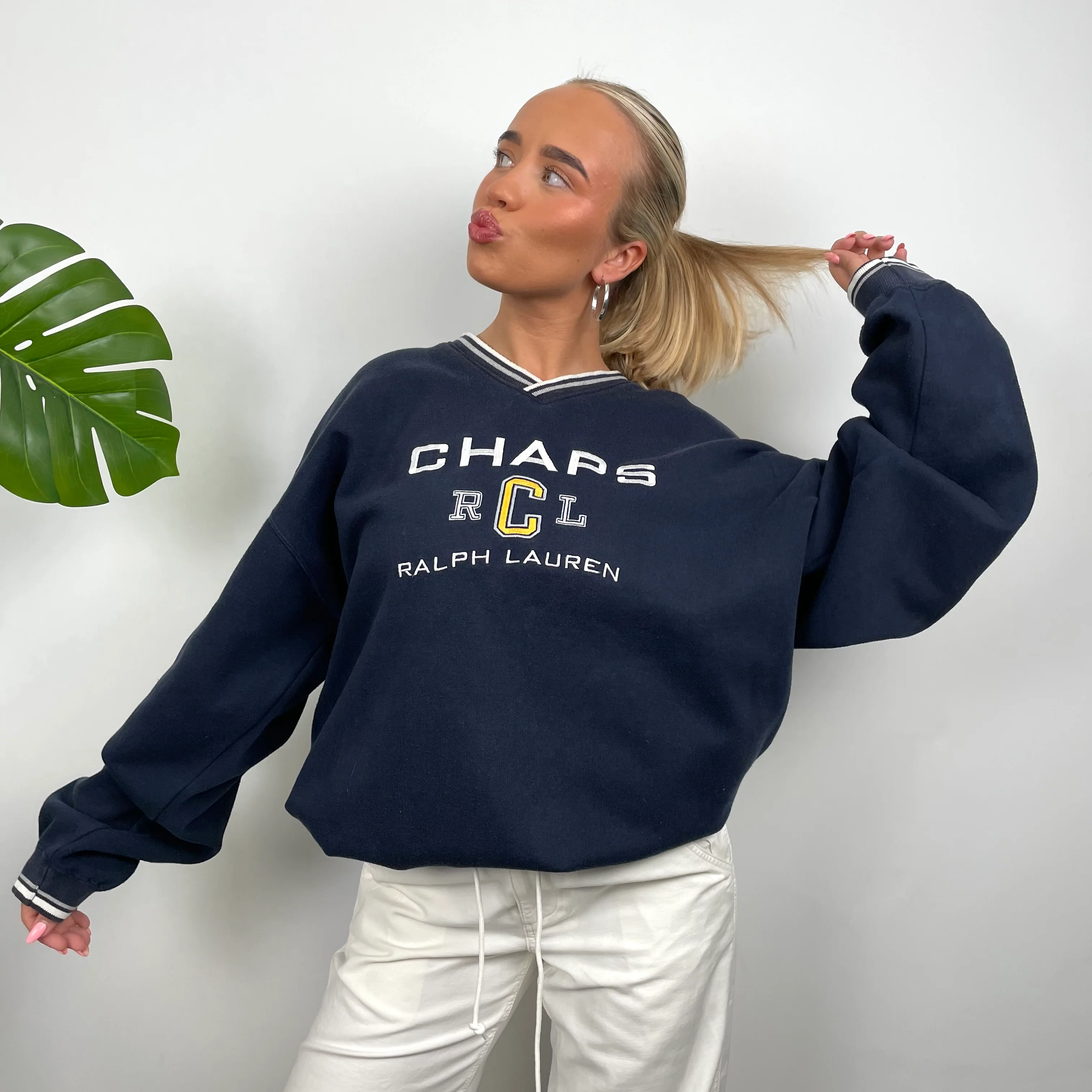 Chaps Ralph Lauren Navy Embroidered Spell Out Sweatshirt (XL) - Image 2