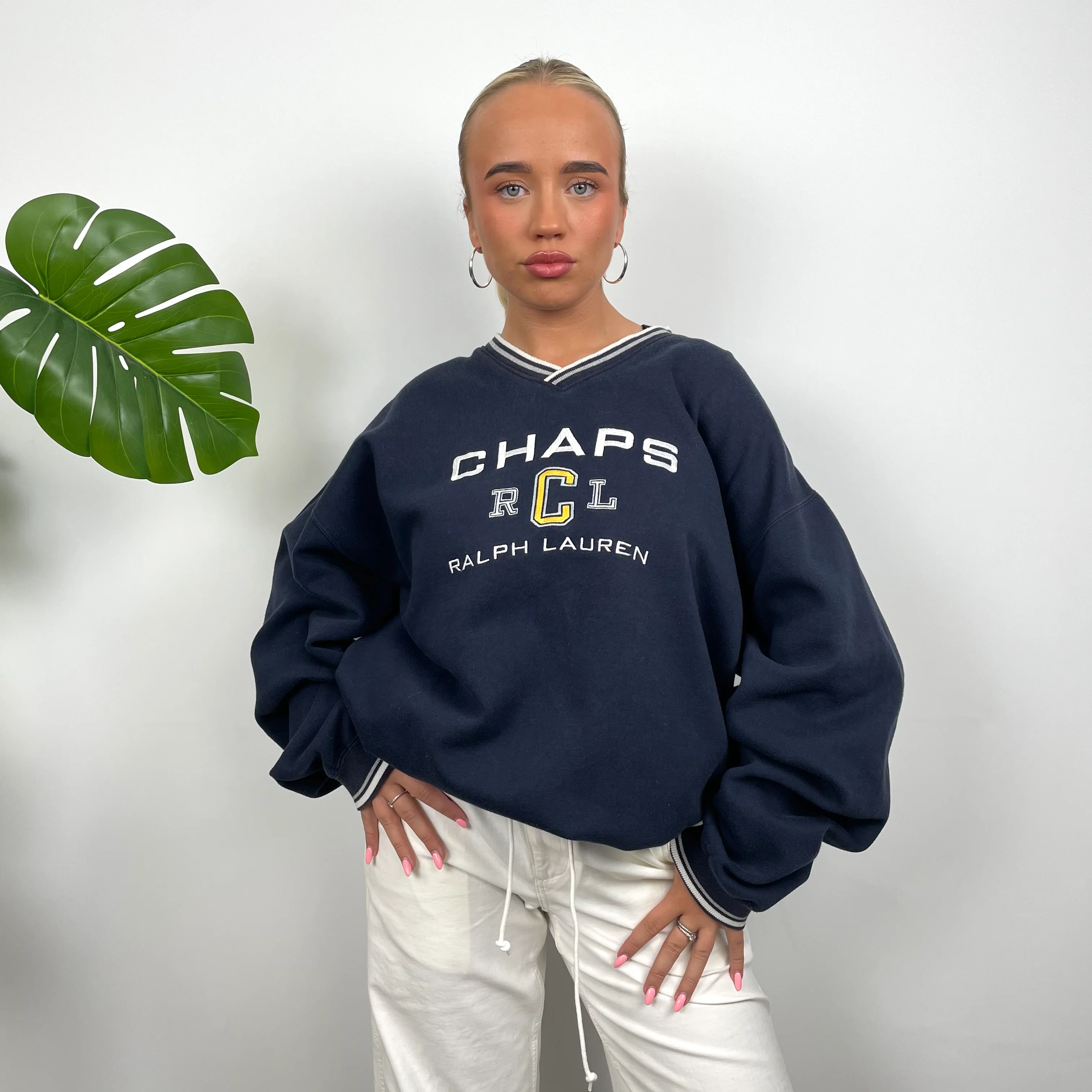 Chaps Ralph Lauren Navy Embroidered Spell Out Sweatshirt (XL) - Image 3