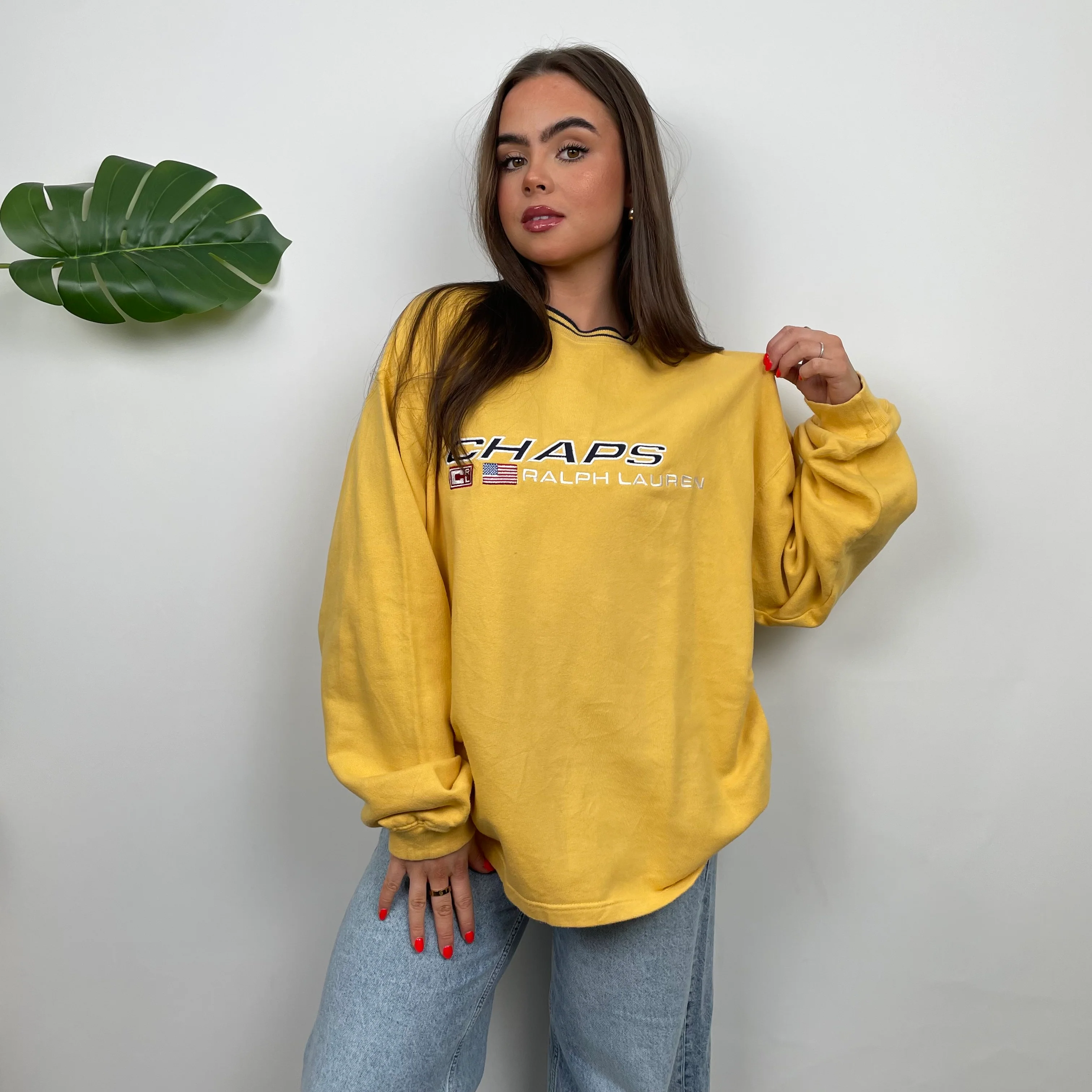 Chaps Ralph Lauren RARE Yellow Embroidered Spell Out Sweatshirt (L) - Image 2