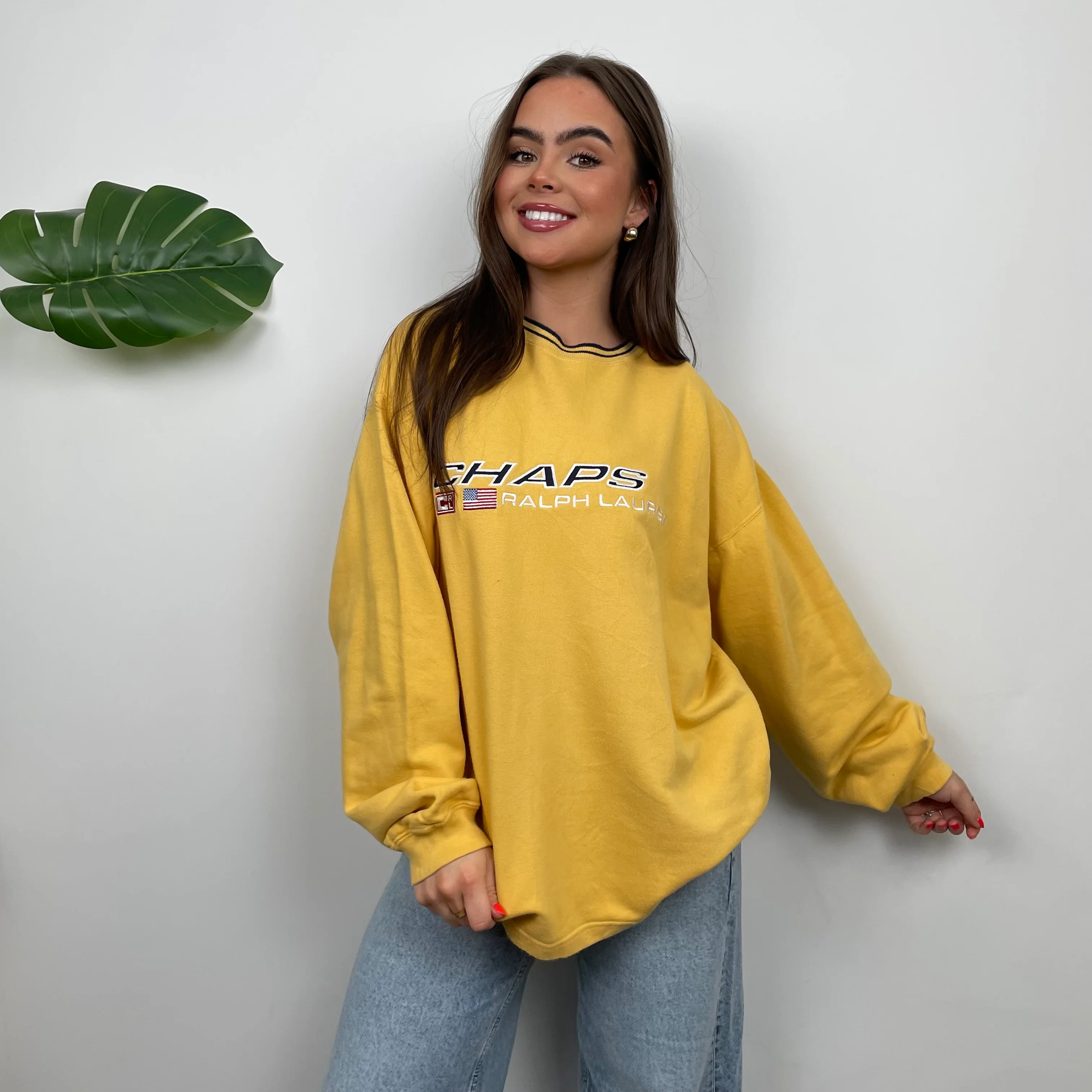 Chaps Ralph Lauren RARE Yellow Embroidered Spell Out Sweatshirt (L) - Image 3