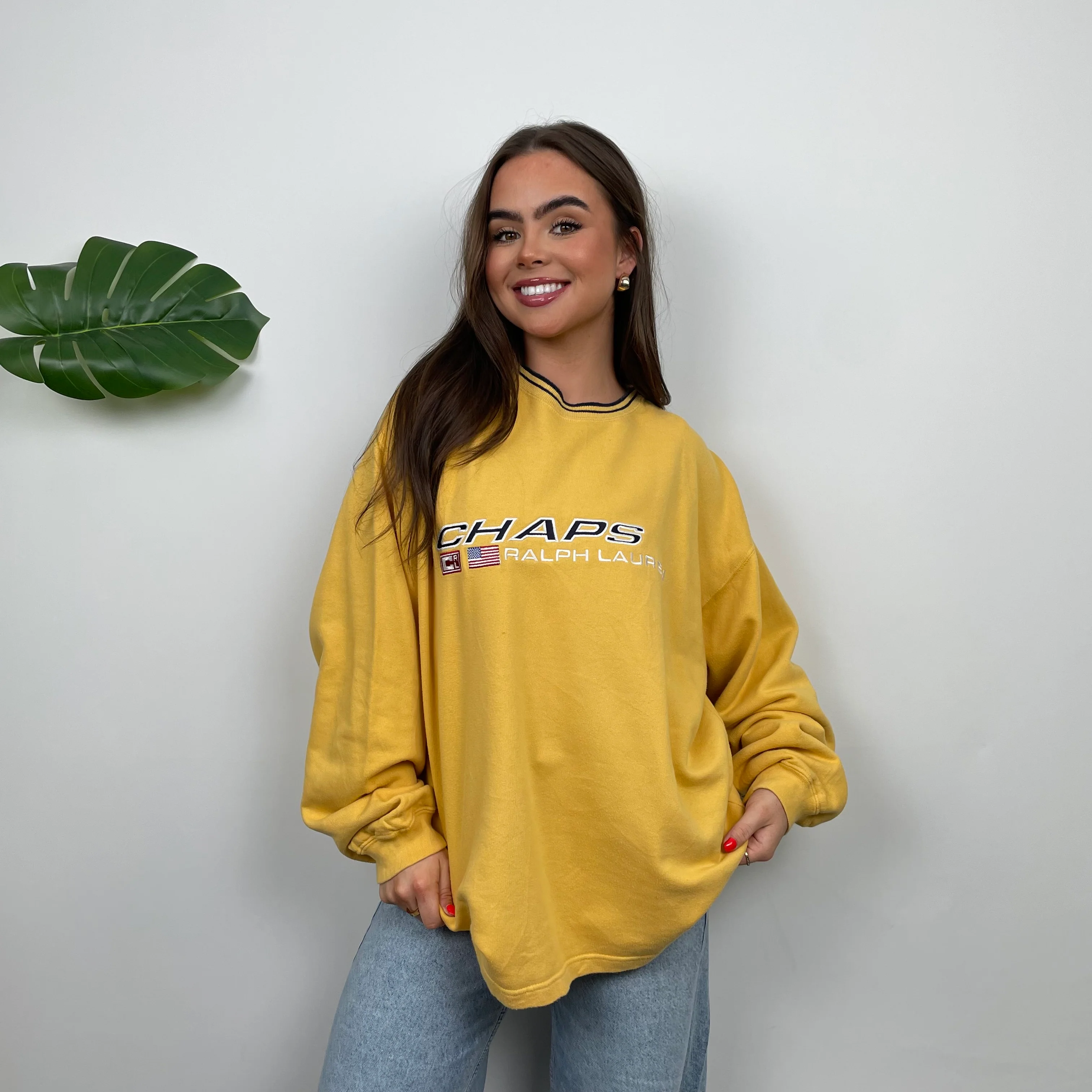 Chaps Ralph Lauren RARE Yellow Embroidered Spell Out Sweatshirt (L) - Image 4