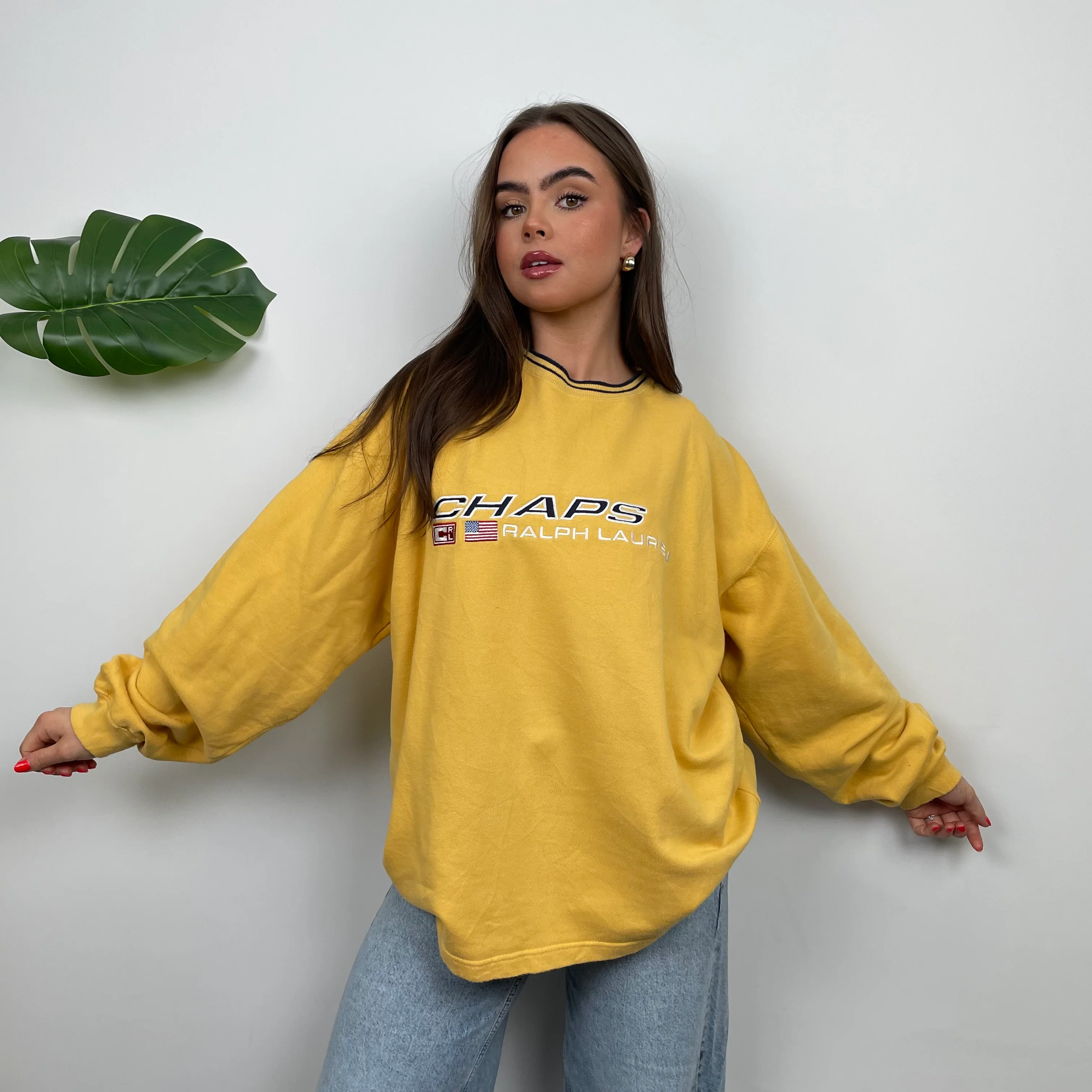 Chaps Ralph Lauren RARE Yellow Embroidered Spell Out Sweatshirt (L) - Image 7
