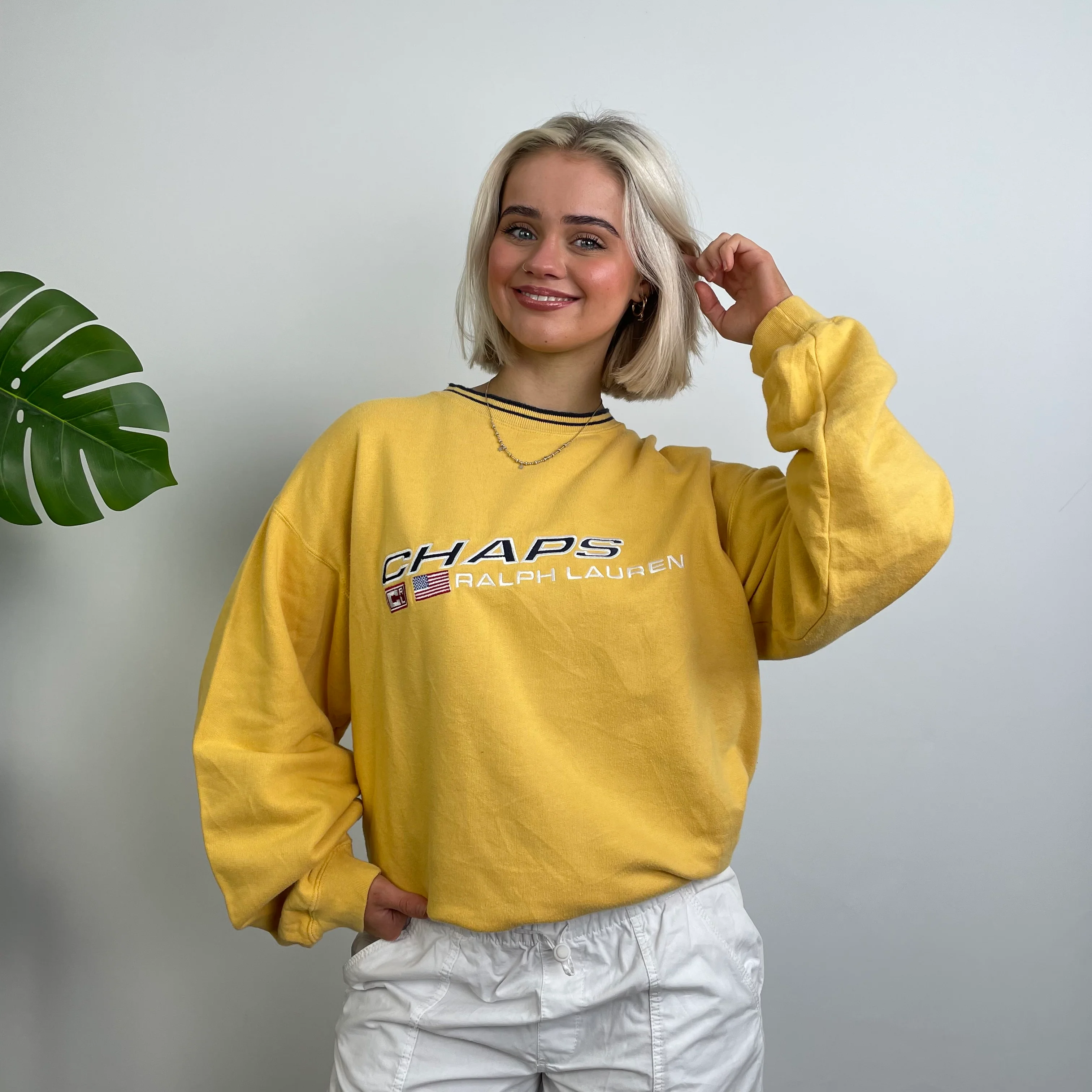 Chaps Ralph Lauren RARE Yellow Embroidered Spell Out Sweatshirt (L) - Image 2