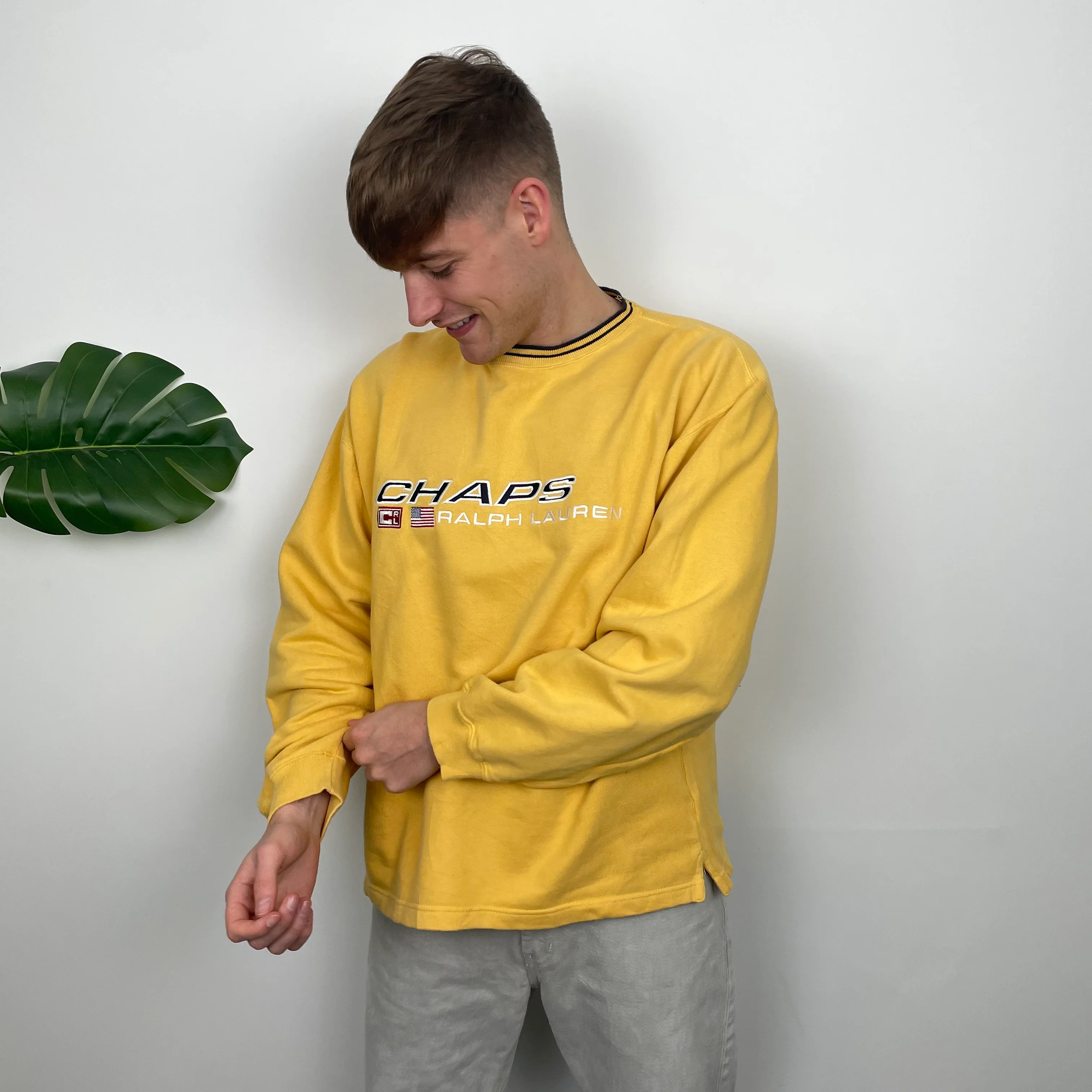 Chaps Ralph Lauren RARE Yellow Embroidered Spell Out Sweatshirt (L) - Image 3