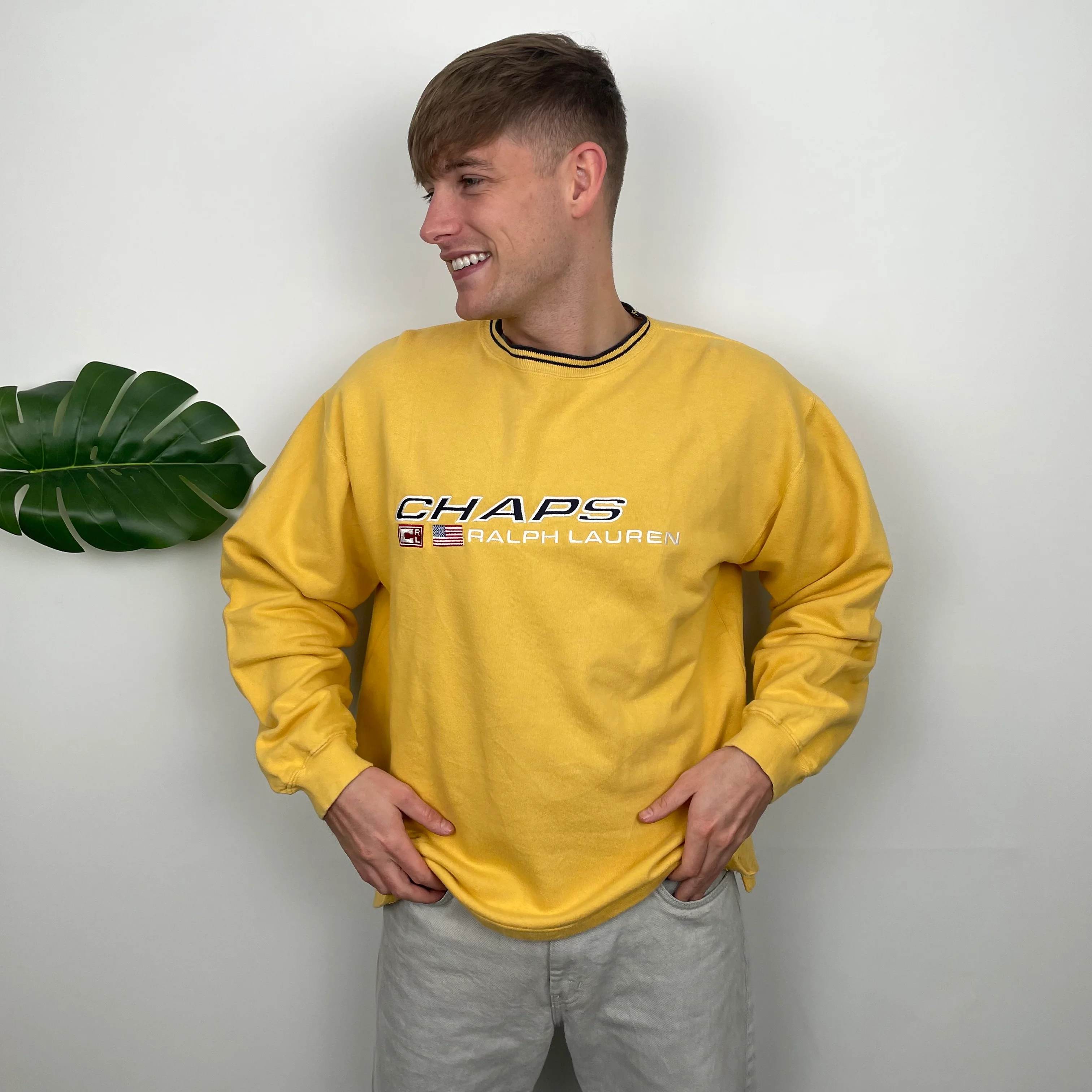 Chaps Ralph Lauren RARE Yellow Embroidered Spell Out Sweatshirt (L) - Image 4