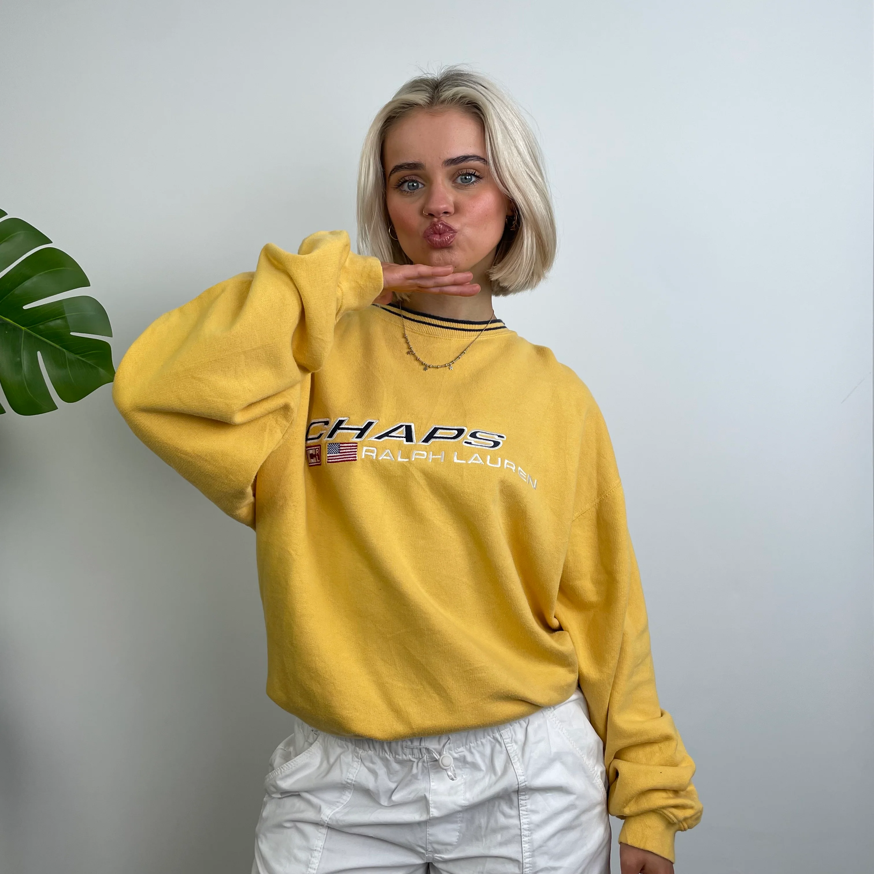 Chaps Ralph Lauren RARE Yellow Embroidered Spell Out Sweatshirt (L) - Image 3