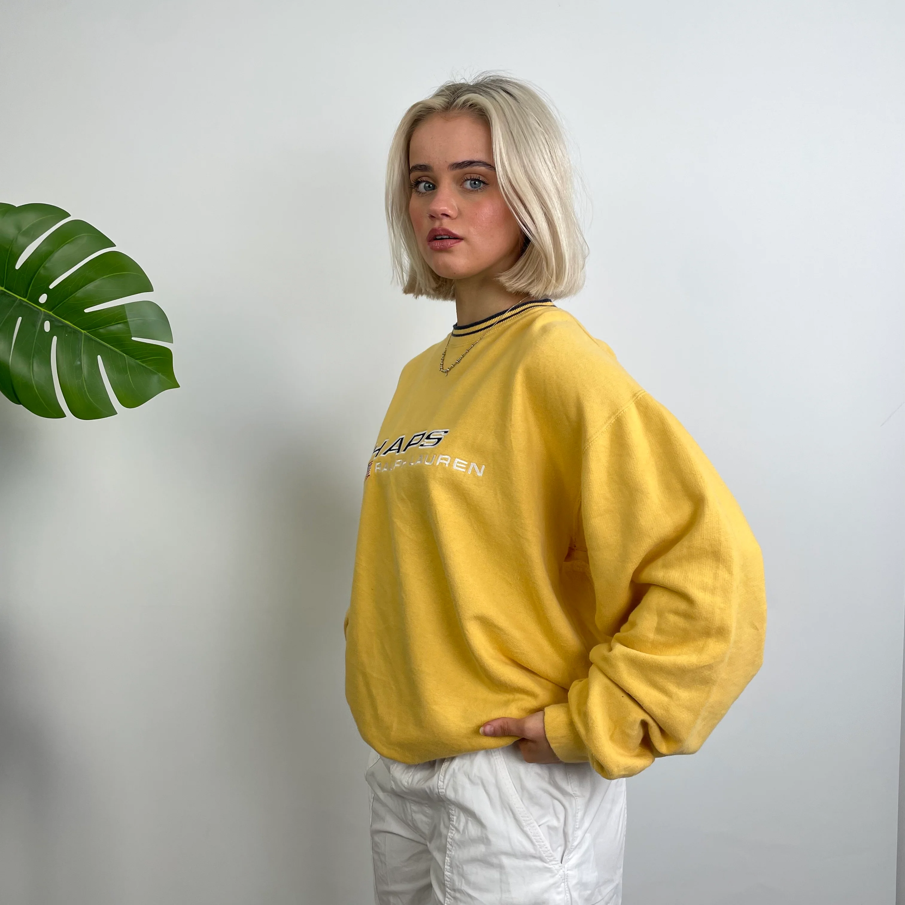 Chaps Ralph Lauren RARE Yellow Embroidered Spell Out Sweatshirt (L) - Image 4