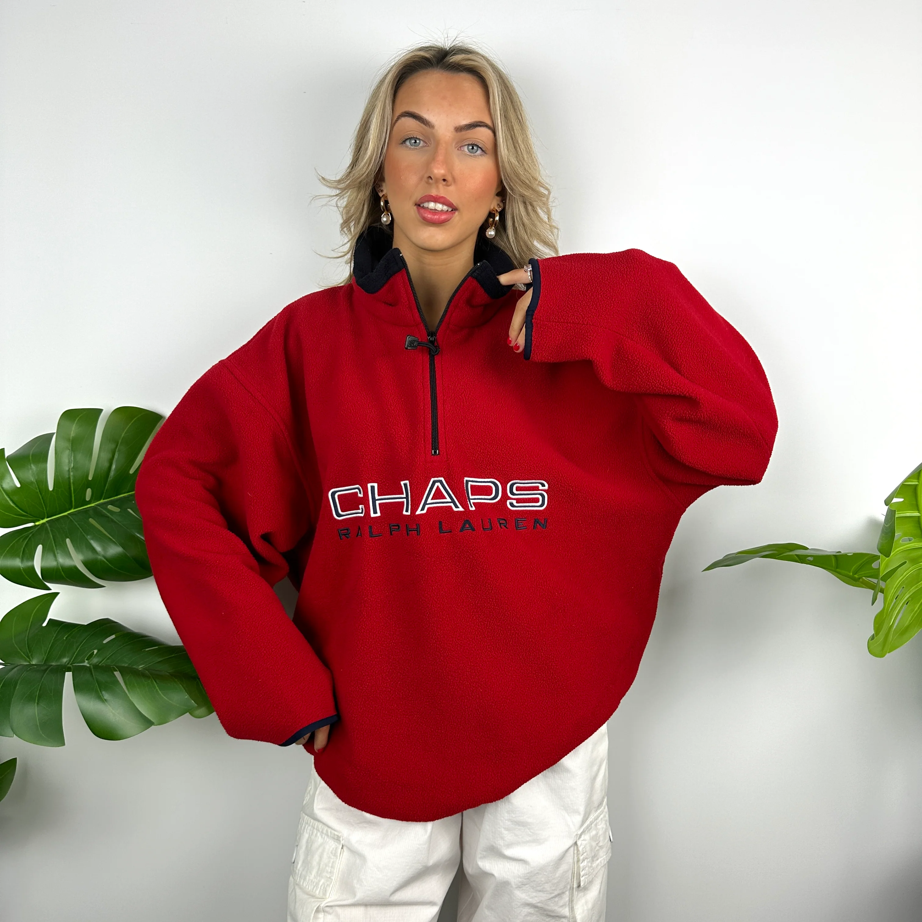Chaps Ralph Lauren Red Embroidered Spell Out Teddy Bear Fleece Quarter Zip Sweatshirt (L) - Image 2