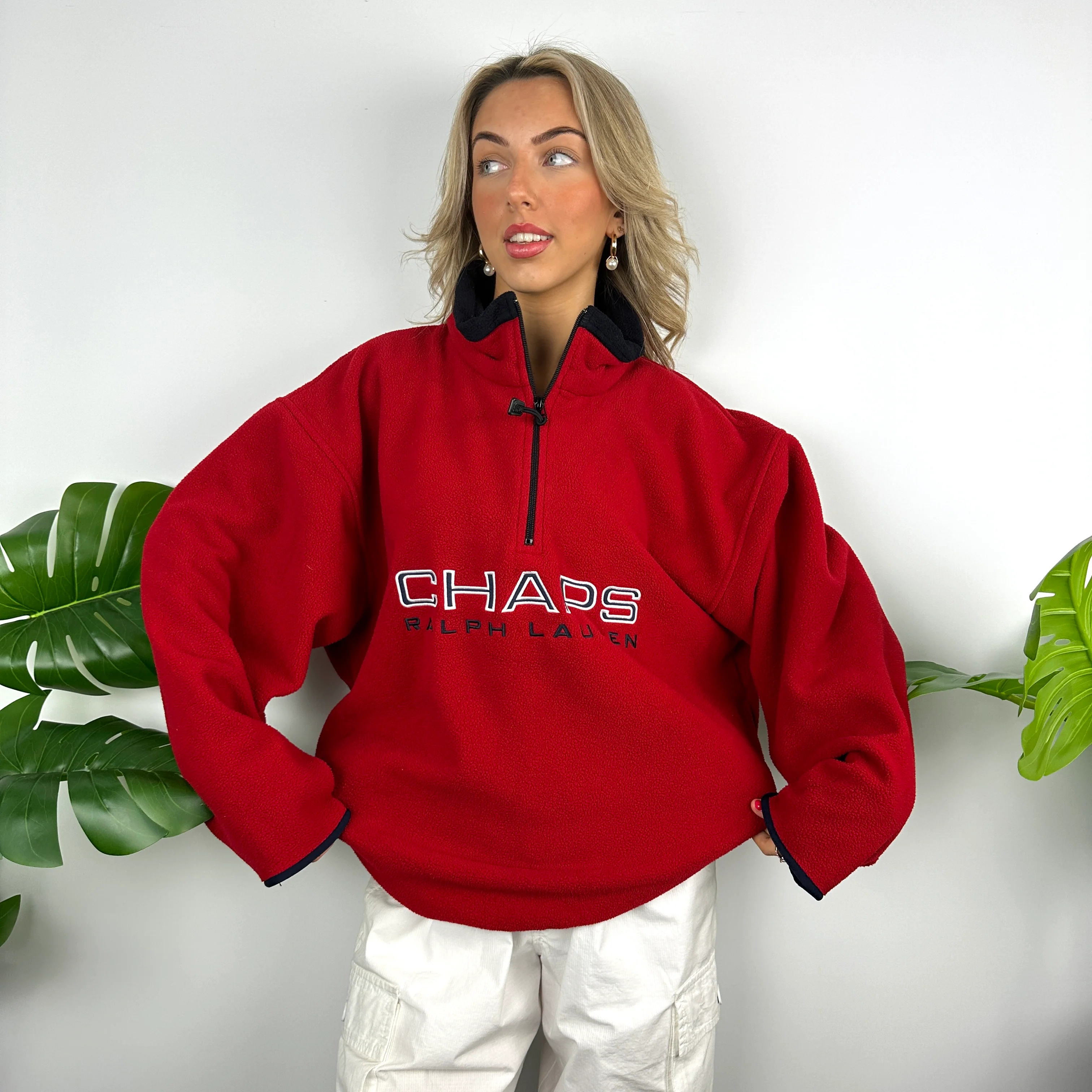 Chaps Ralph Lauren Red Embroidered Spell Out Teddy Bear Fleece Quarter Zip Sweatshirt (L) - Image 3
