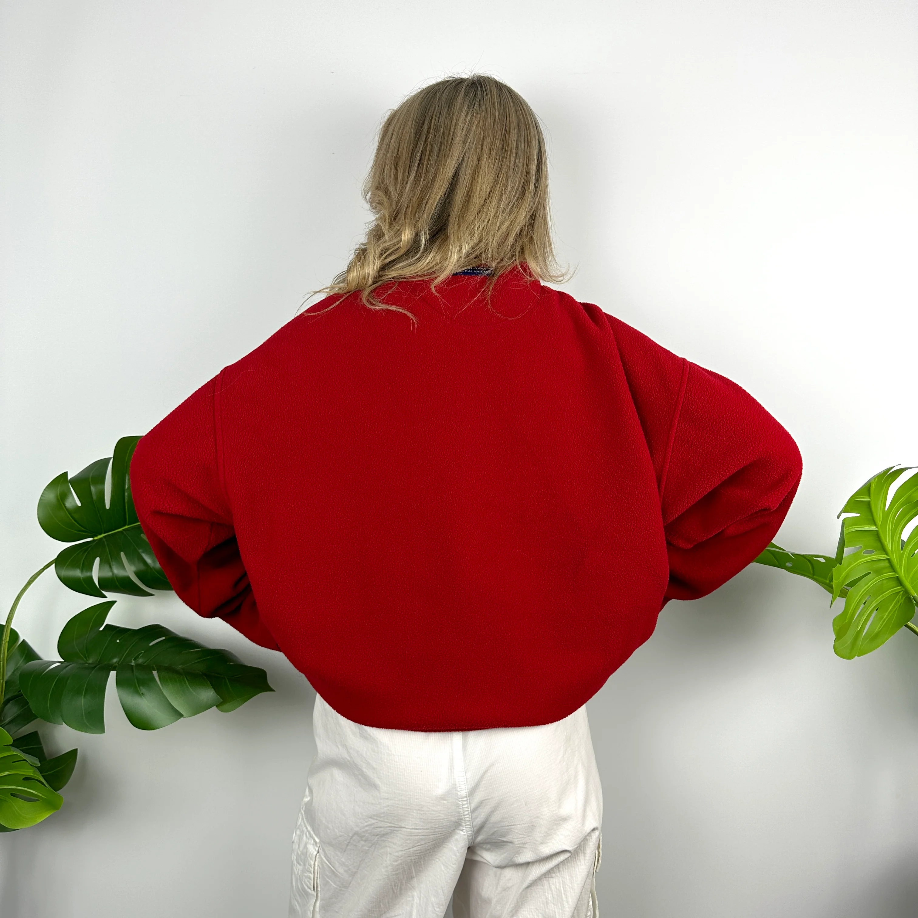Chaps Ralph Lauren Red Embroidered Spell Out Teddy Bear Fleece Quarter Zip Sweatshirt (L) - Image 4