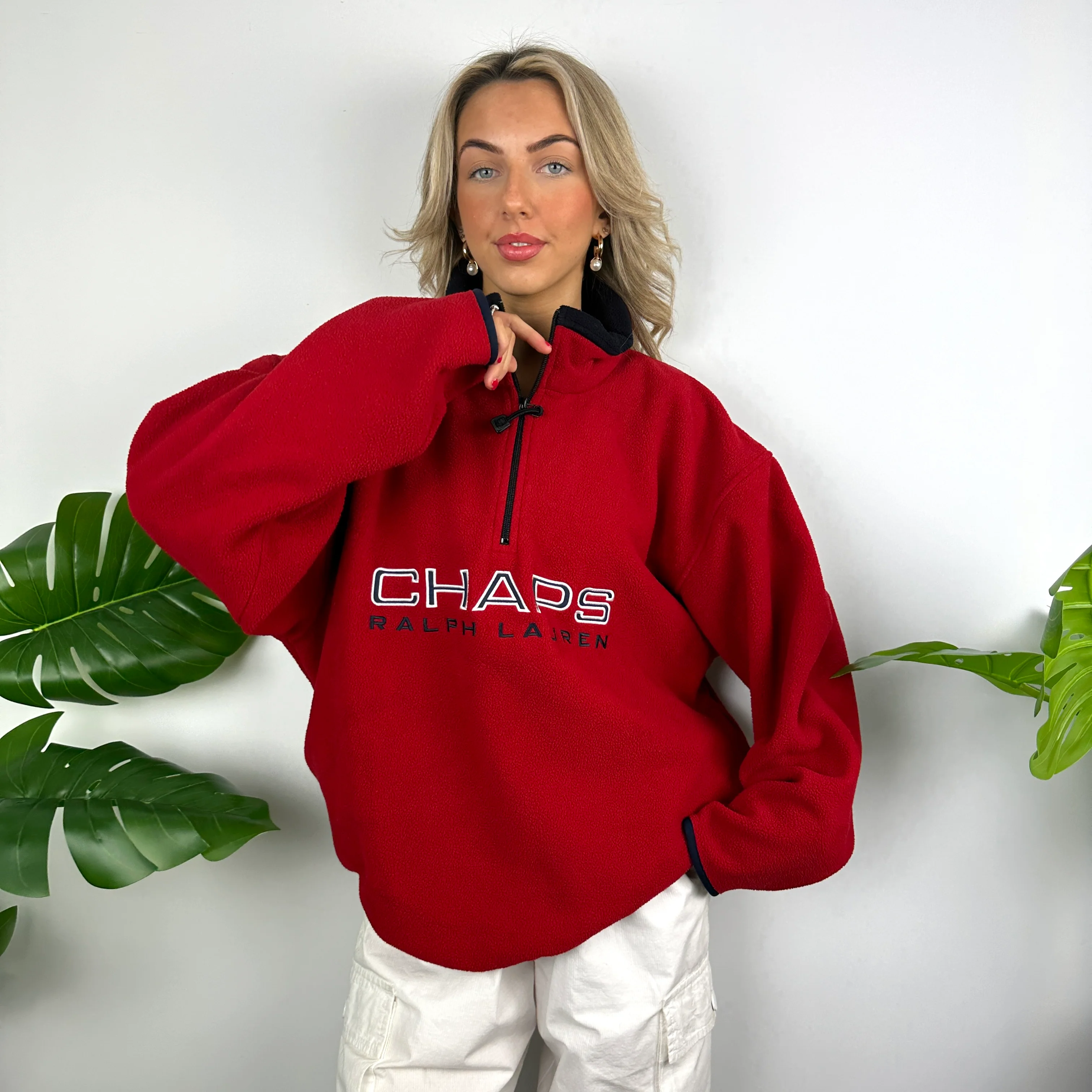 Chaps Ralph Lauren Red Embroidered Spell Out Teddy Bear Fleece Quarter Zip Sweatshirt (L) - Image 7