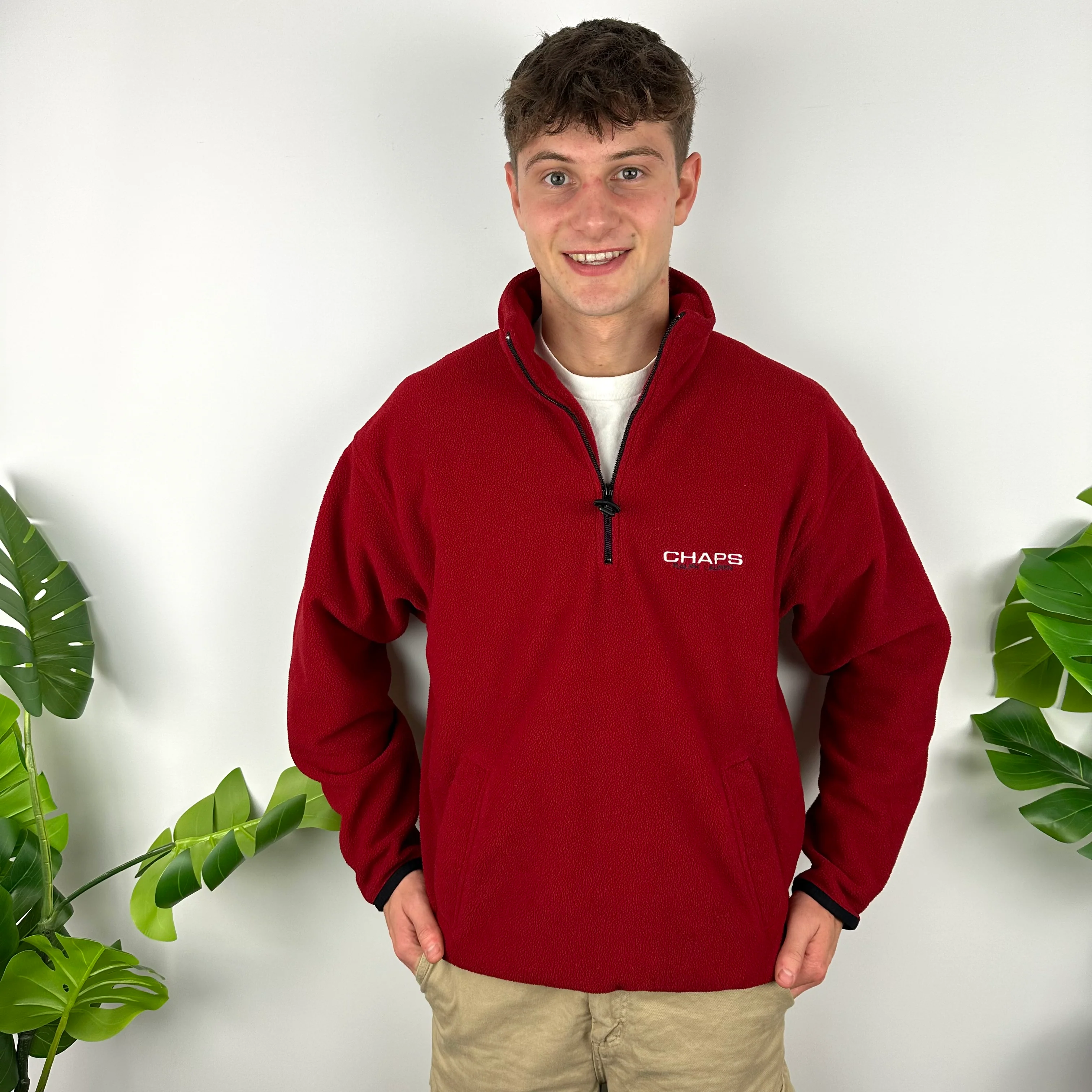 Chaps Ralph Lauren Red Embroidered Spell Out Teddy Bear Fleece Quarter Zip Sweatshirt (L) - Image 6