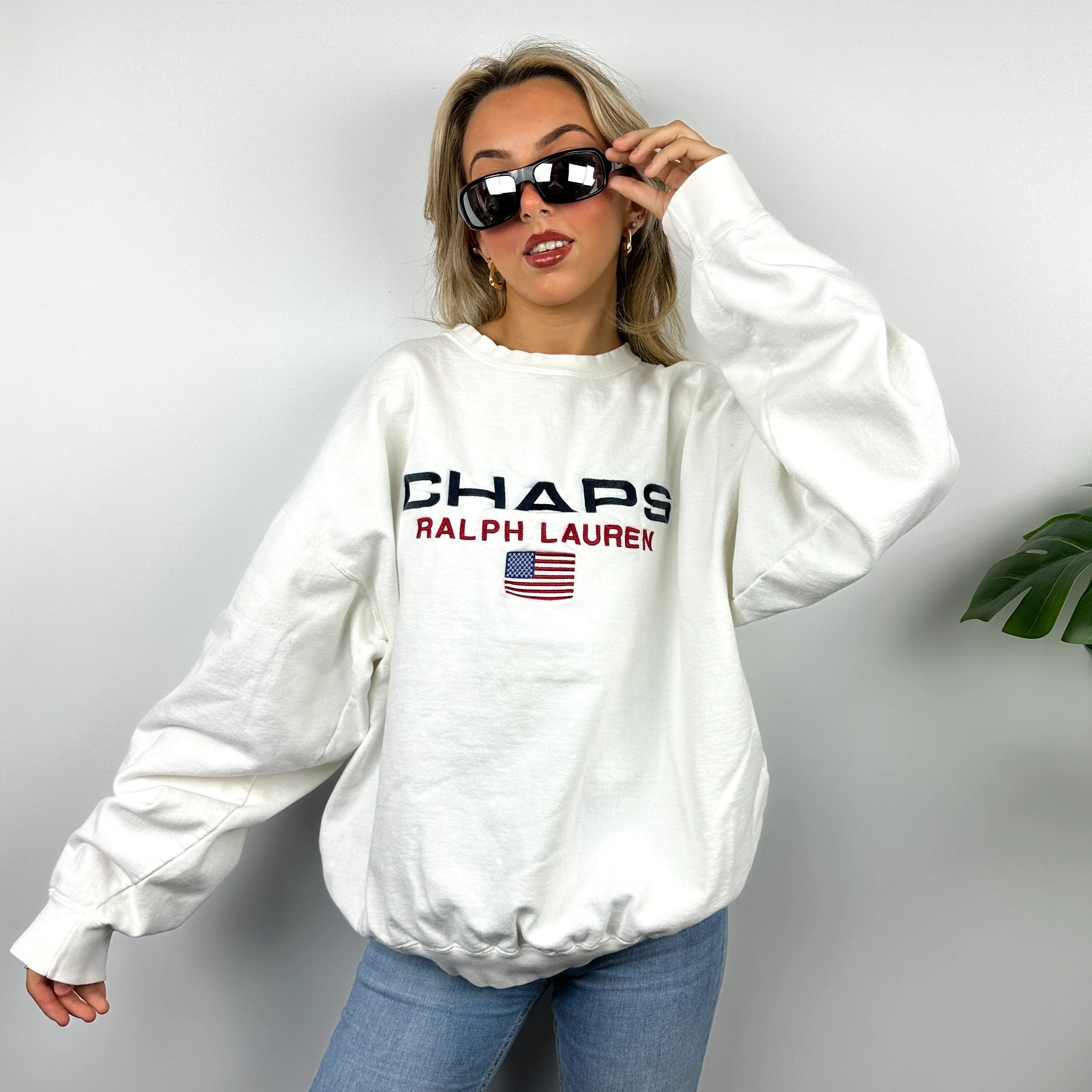 Chaps Ralph Lauren White Embroidered Spell Out Sweatshirt (XL)