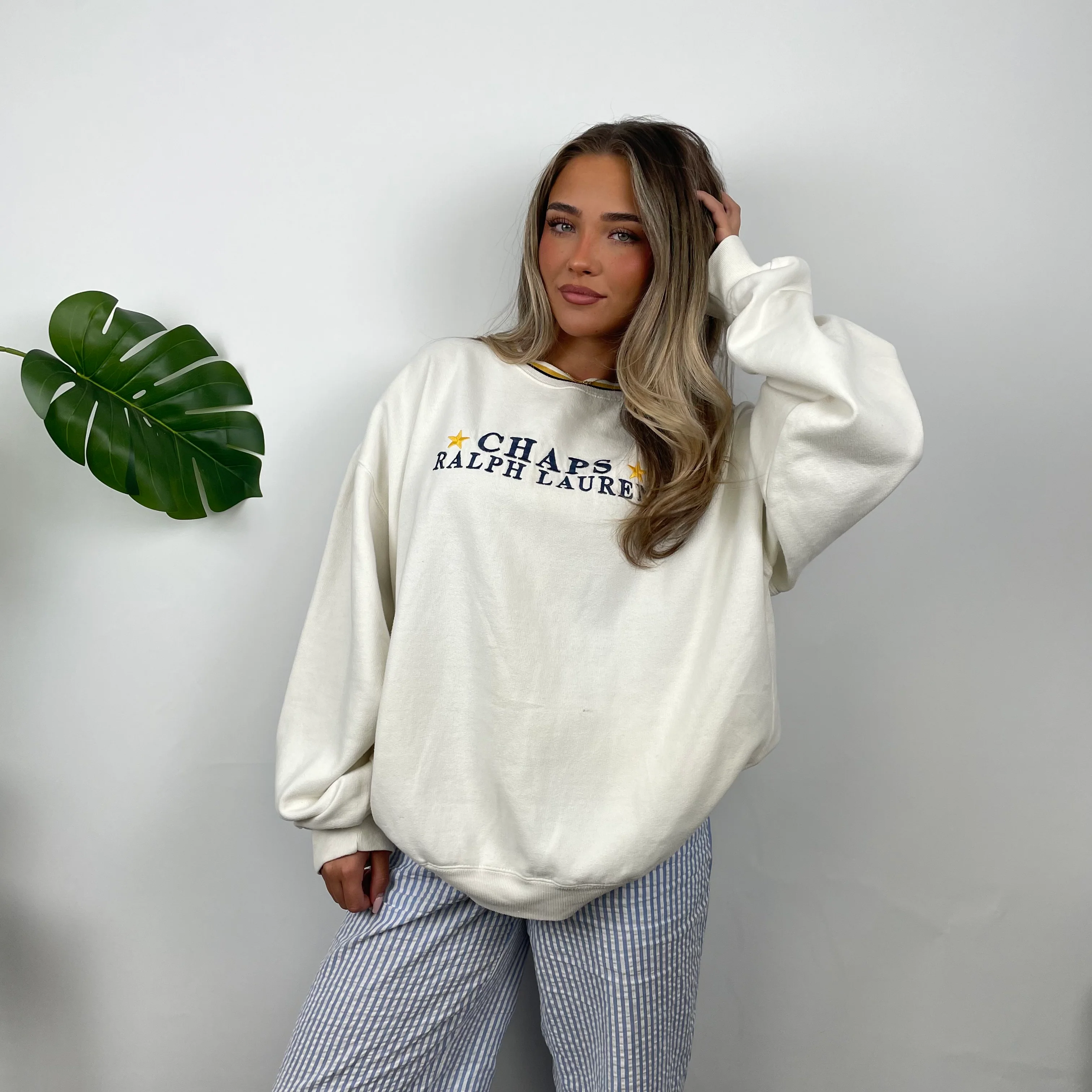 Chaps Ralph Lauren White Embroidered Spell Out Sweatshirt (XXL) - Image 3