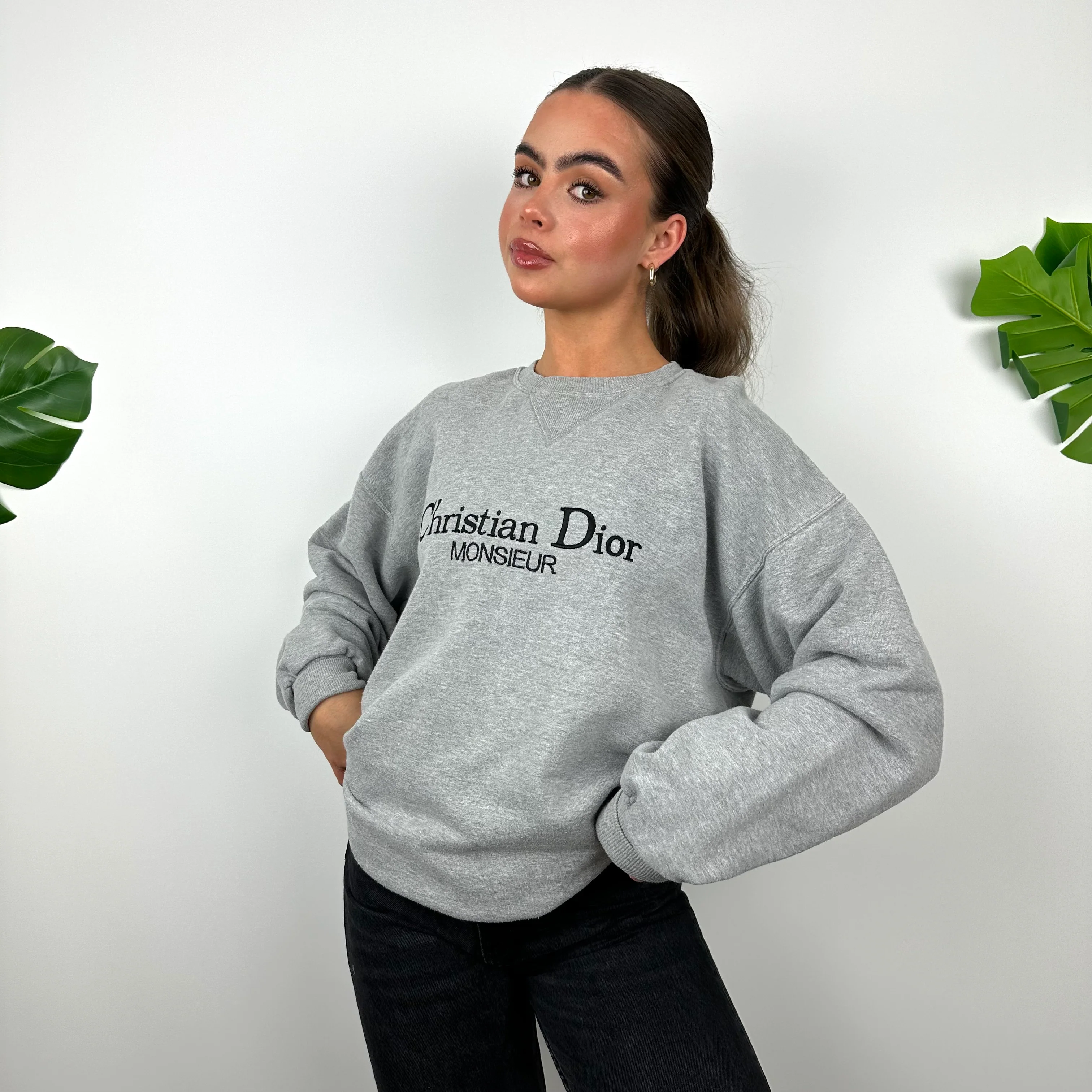 Christian Dior Grey Embroidered Spell Out Sweatshirt (L) - Image 2