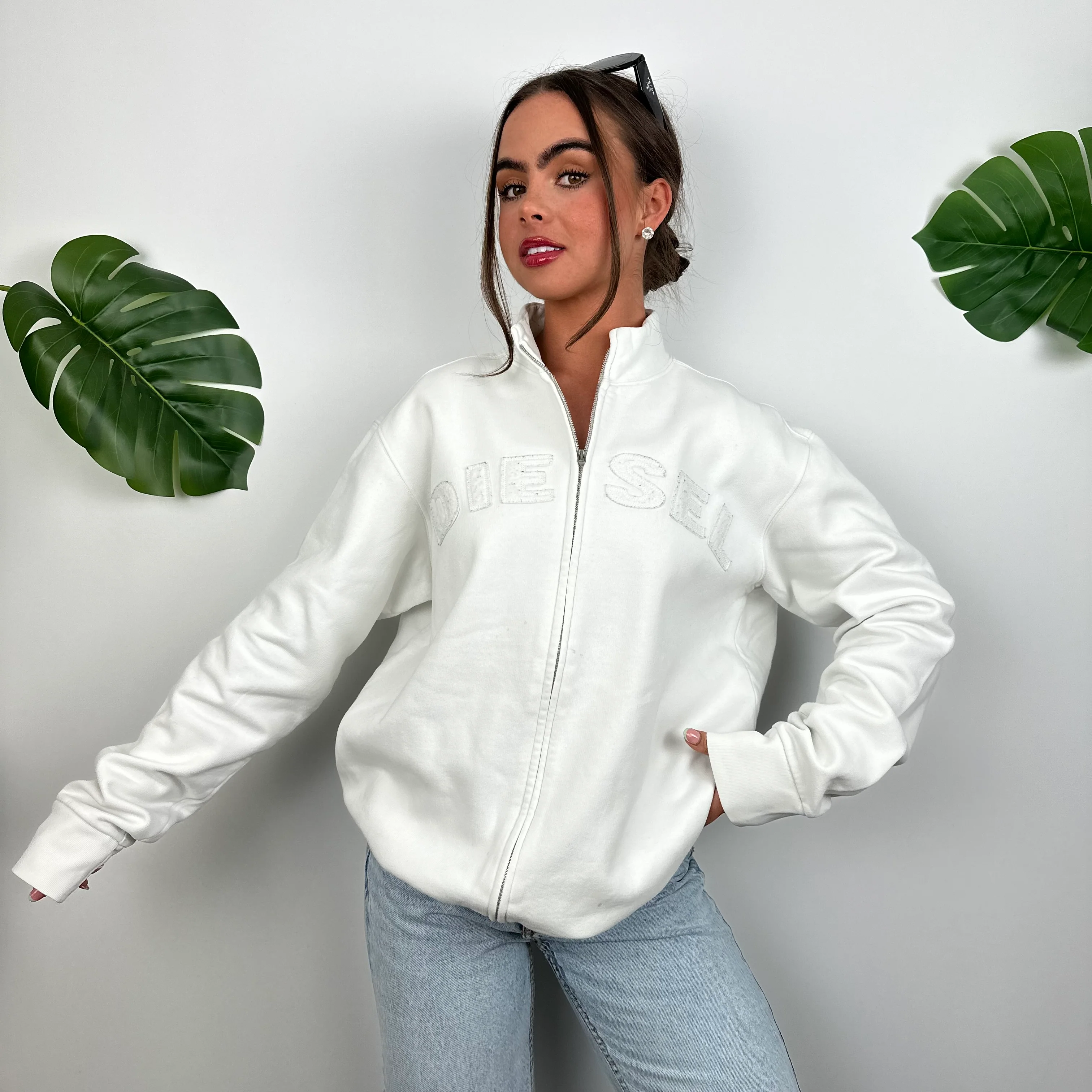 Diesel White Embroidered Spell Out Zip Up Jacket (M) - Image 3