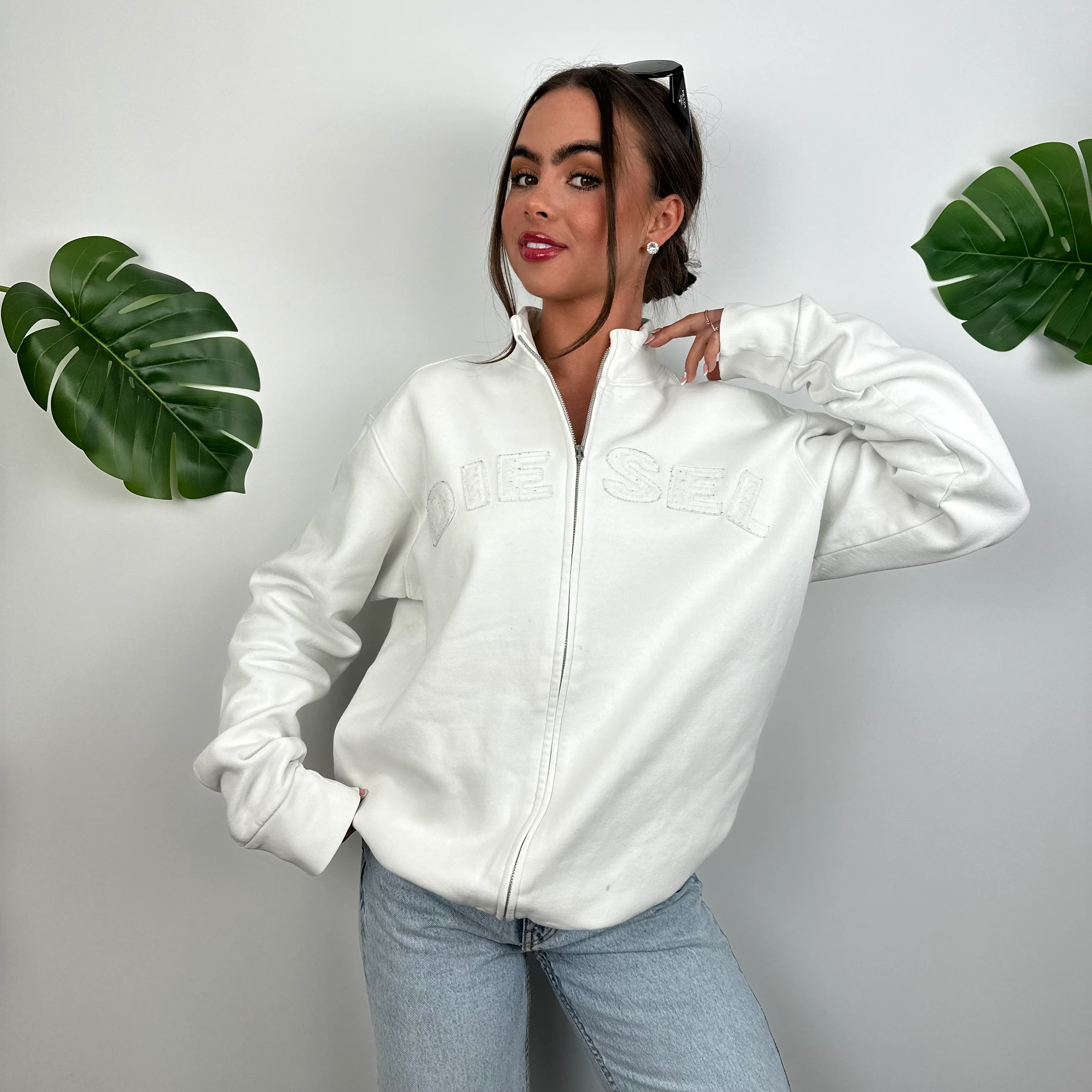 Diesel White Embroidered Spell Out Zip Up Jacket (M) - Image 4