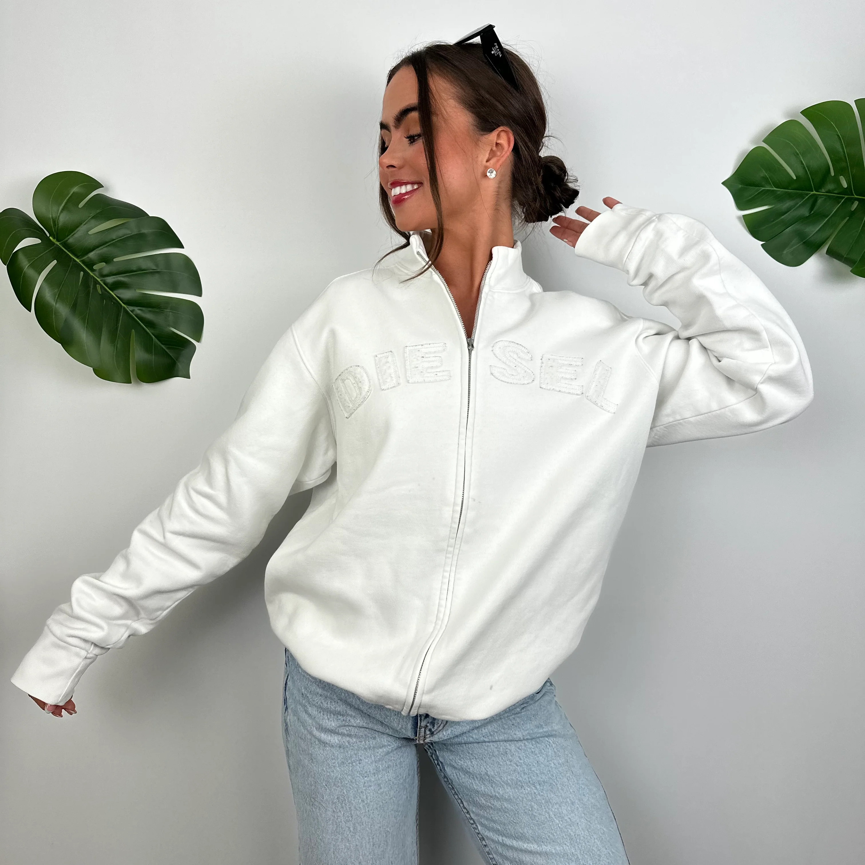 Diesel White Embroidered Spell Out Zip Up Jacket (M) - Image 5