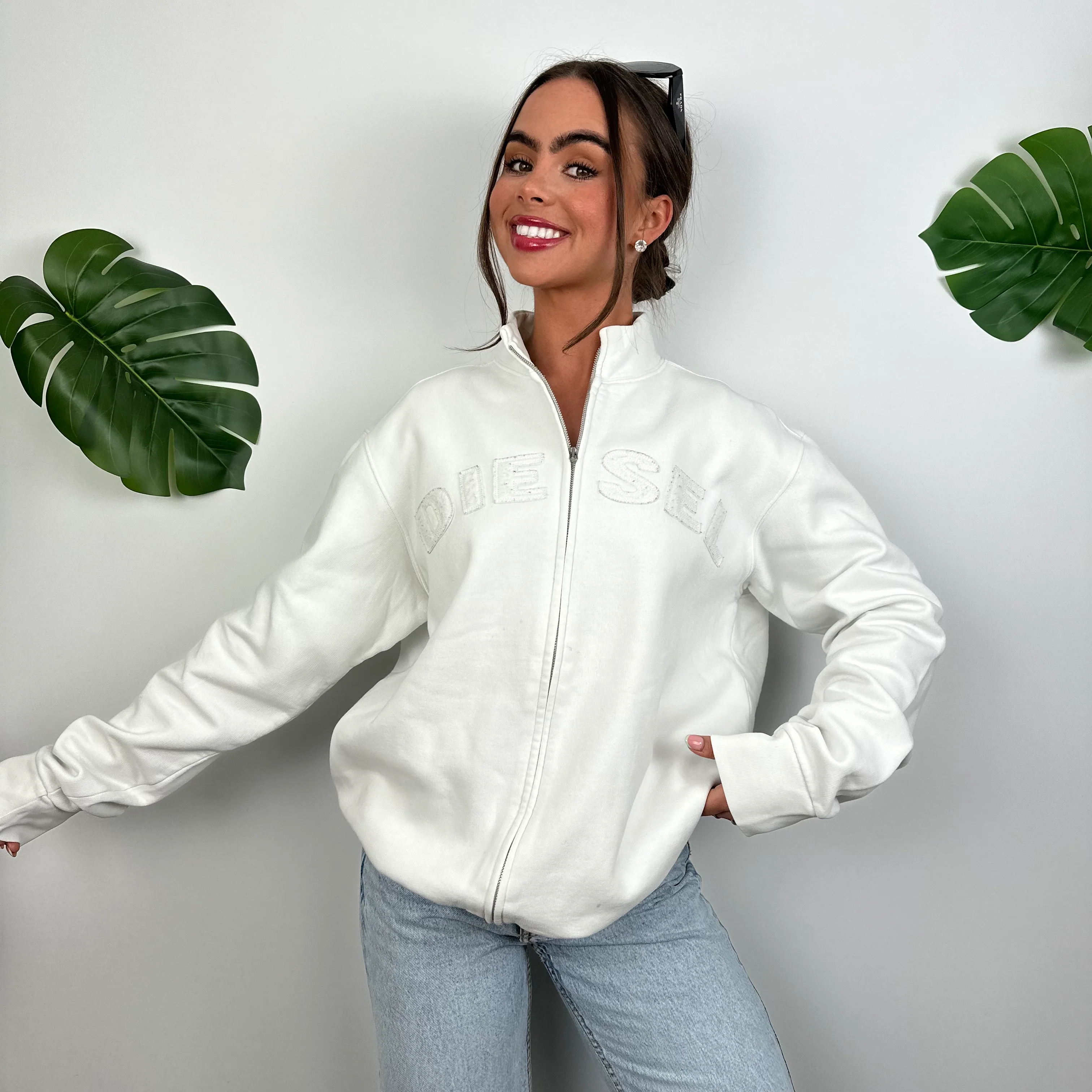 Diesel White Embroidered Spell Out Zip Up Jacket (M) - Image 6