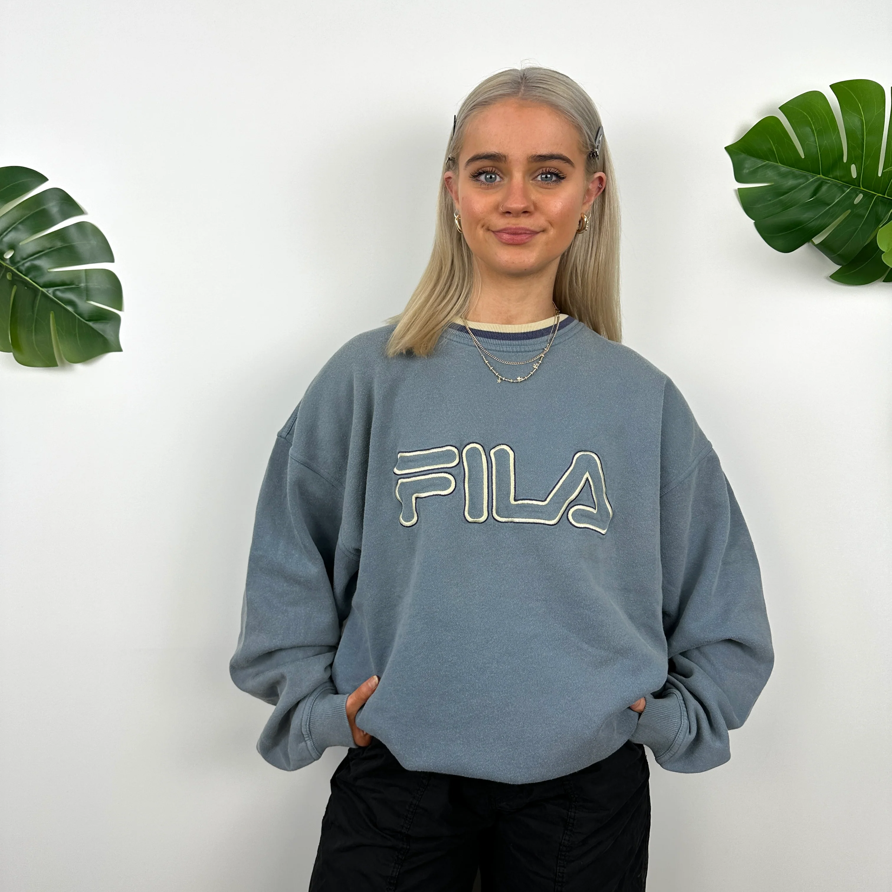 FILA Baby Blue Embroidered Spell Out Sweatshirt (XXL) - Image 2