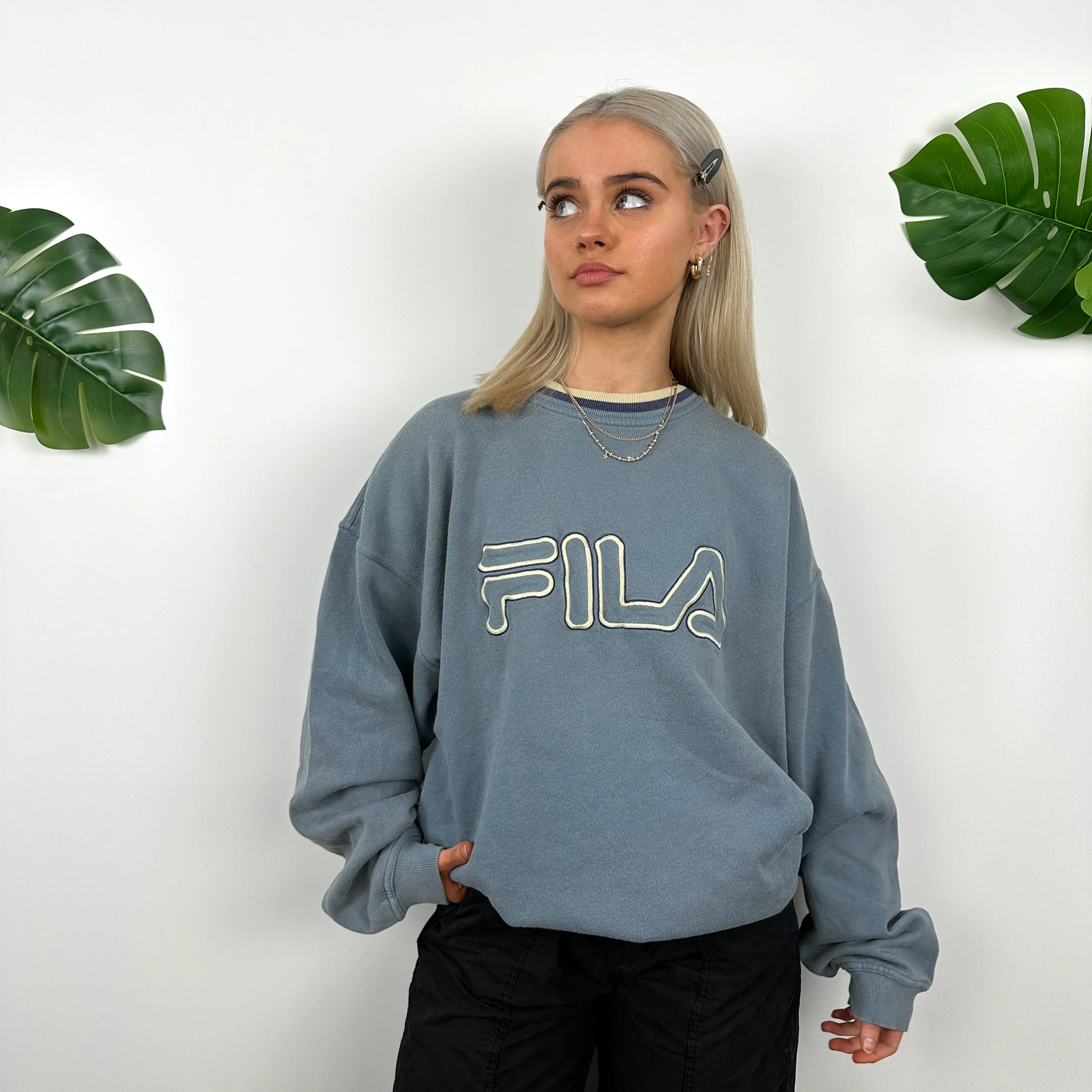 FILA Baby Blue Embroidered Spell Out Sweatshirt (XXL) - Image 3