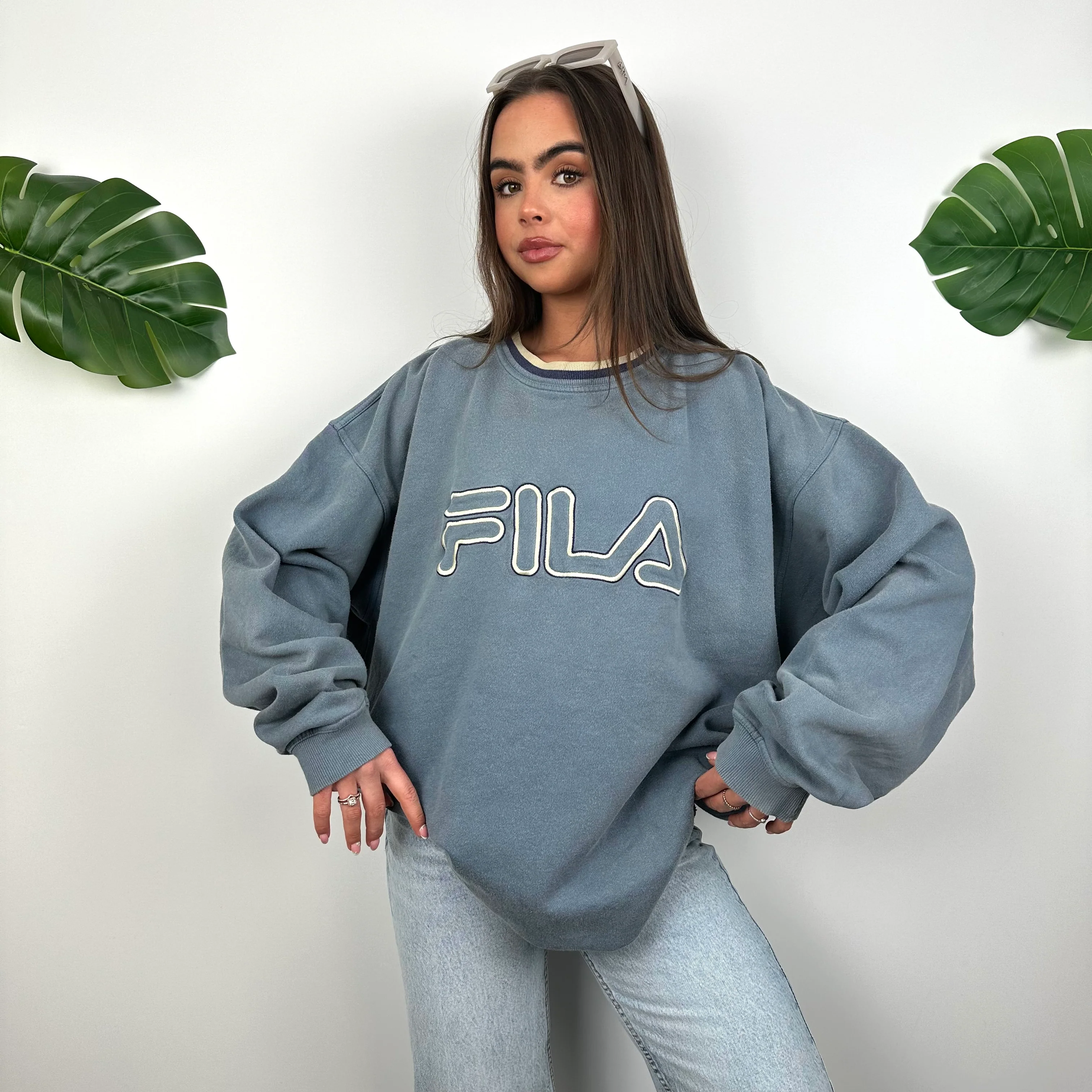 FILA Baby Blue Embroidered Spell Out Sweatshirt (XXL)