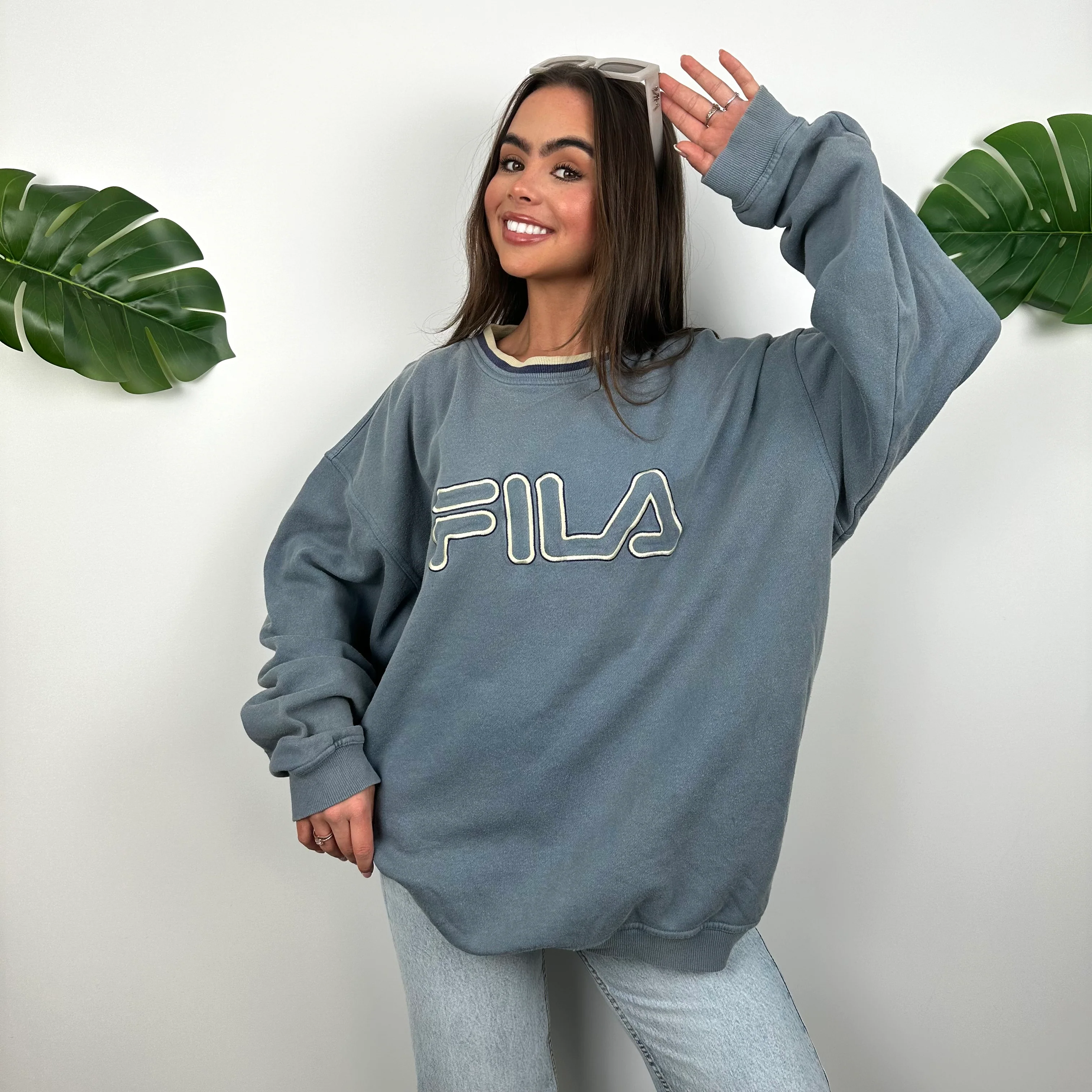 FILA Baby Blue Embroidered Spell Out Sweatshirt (XXL) - Image 3