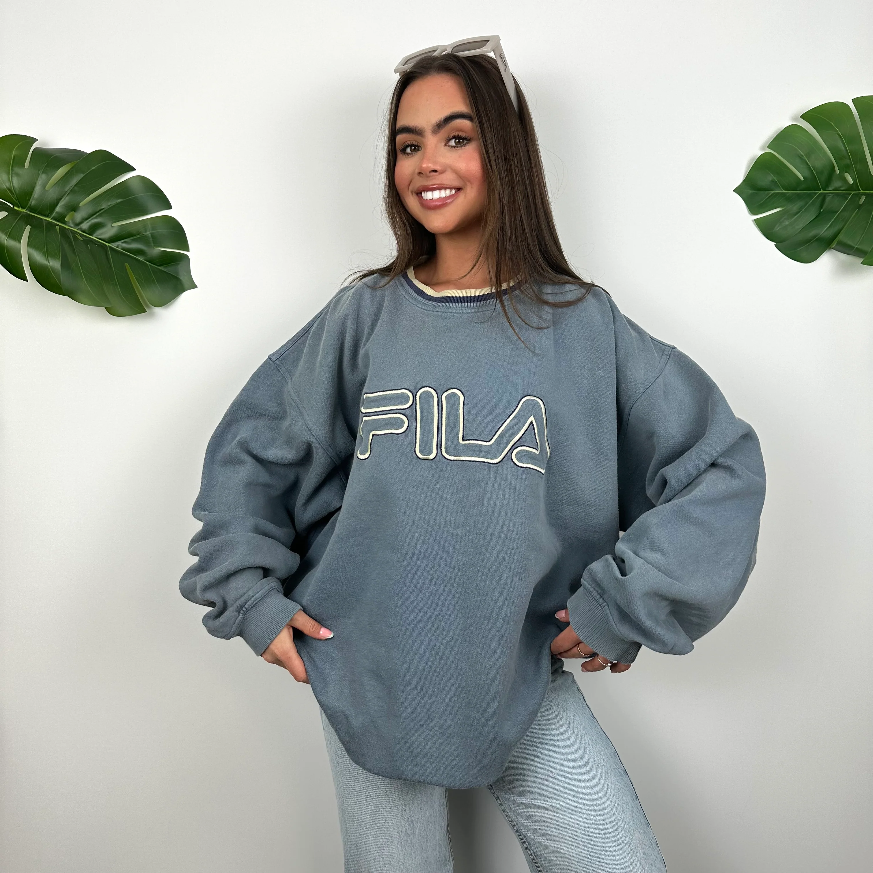 FILA Baby Blue Embroidered Spell Out Sweatshirt (XXL) - Image 4