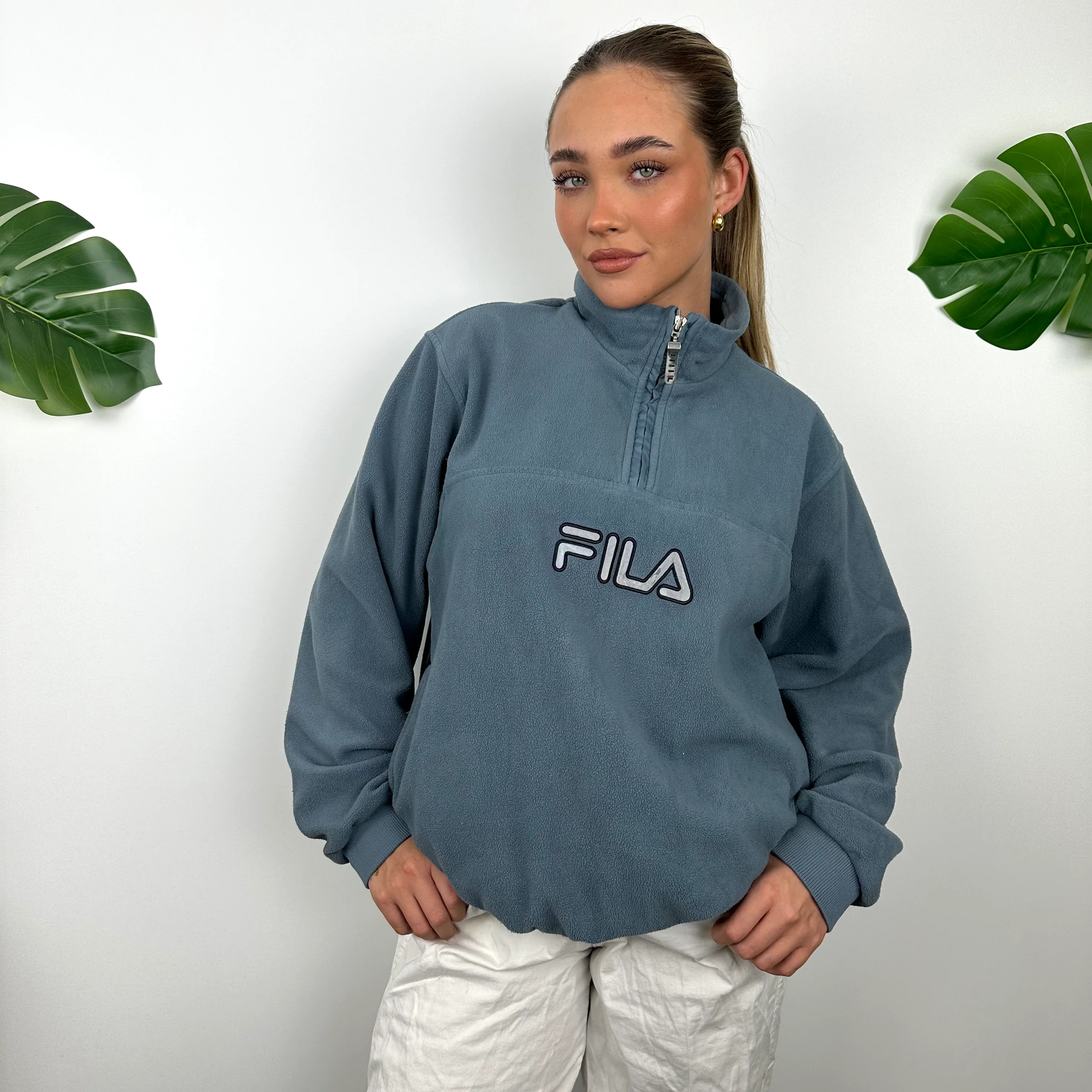 FILA Baby Blue Embroidered Spell Out Teddy Bear Fleece Quarter Zip Sweatshirt (M) - Image 6