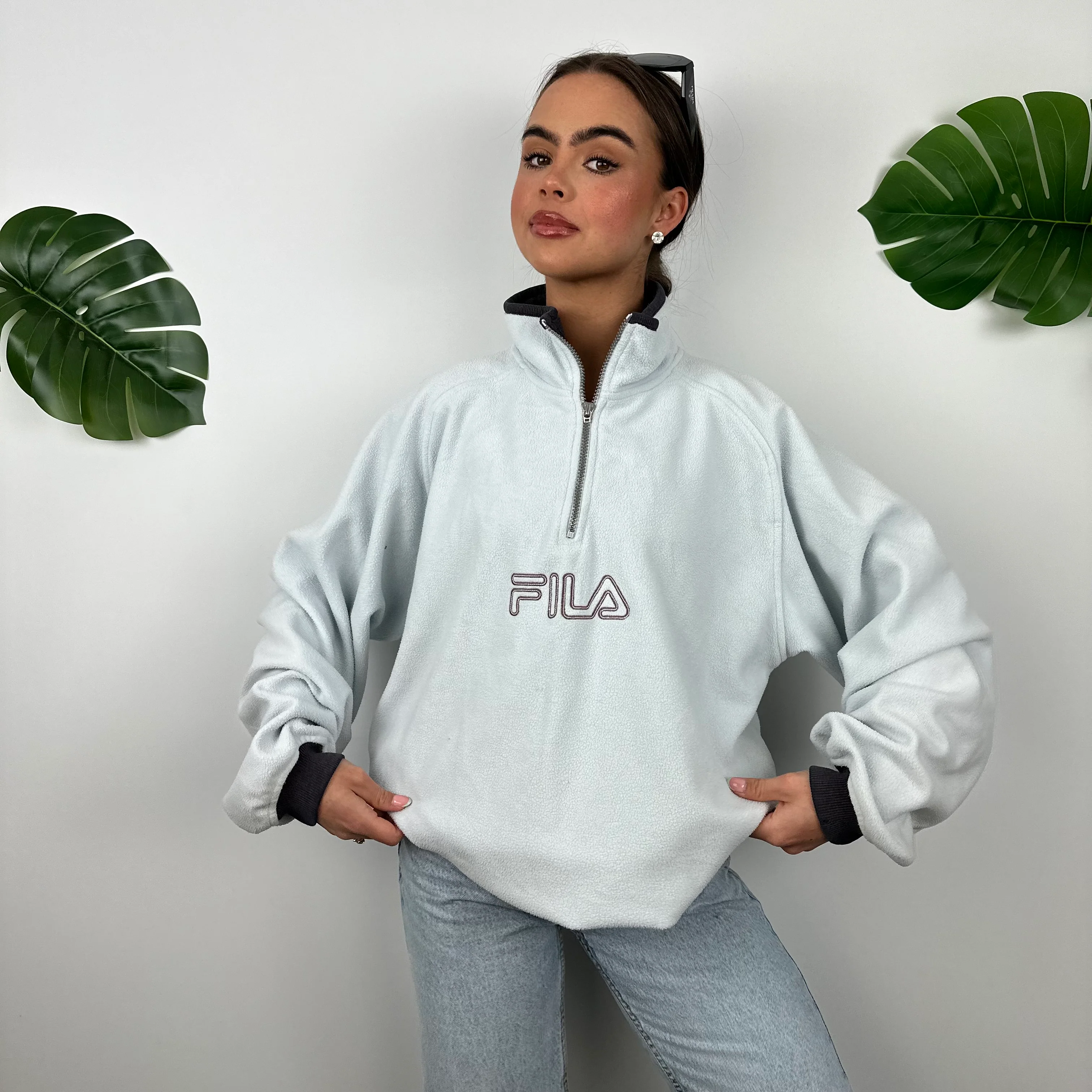 FILA Baby Blue Embroidered Spell Out Teddy Bear Fleece Quarter Zip Sweatshirt (M) - Image 2