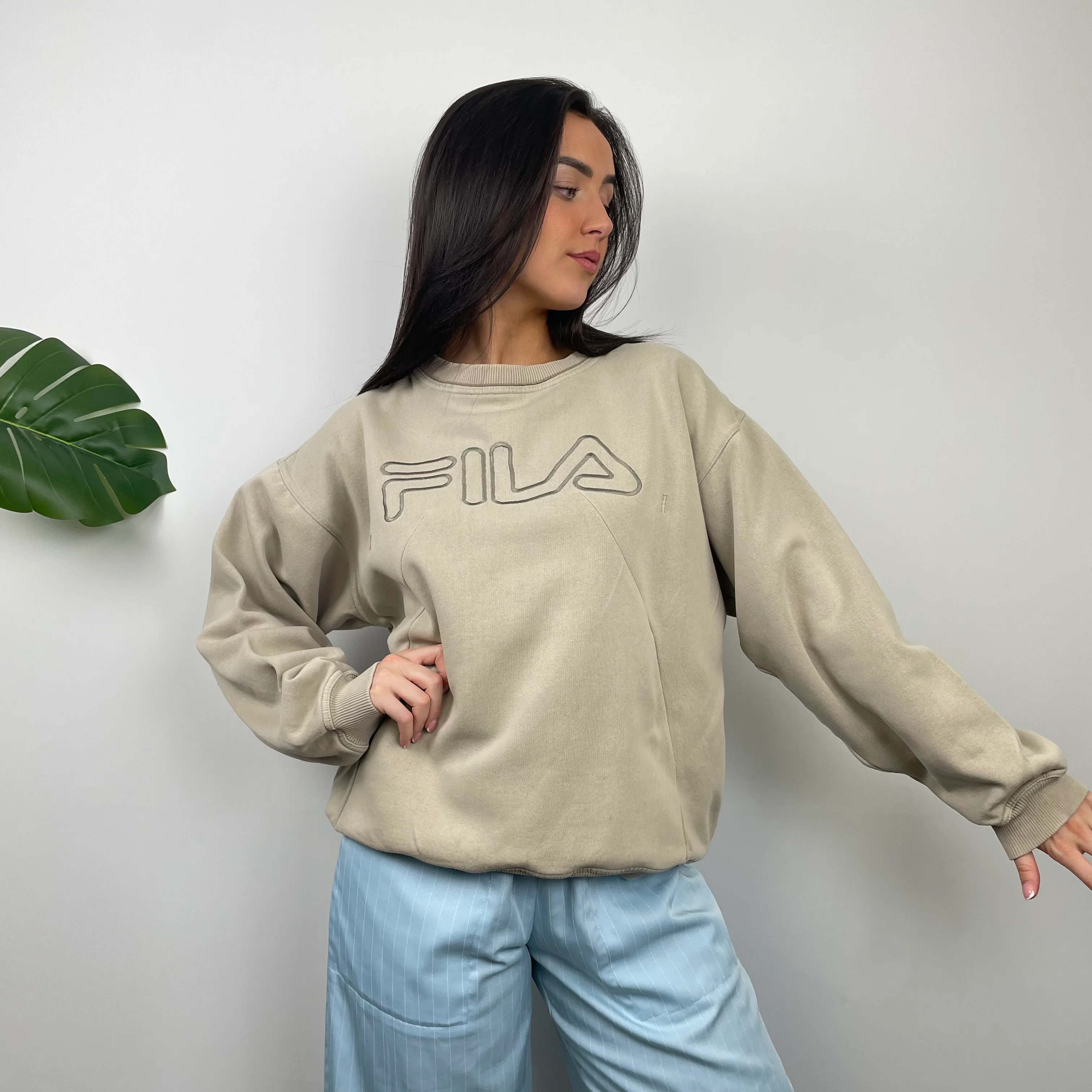 FILA Beige Embroidered Spell Out Sweatshirt (M) - Image 2