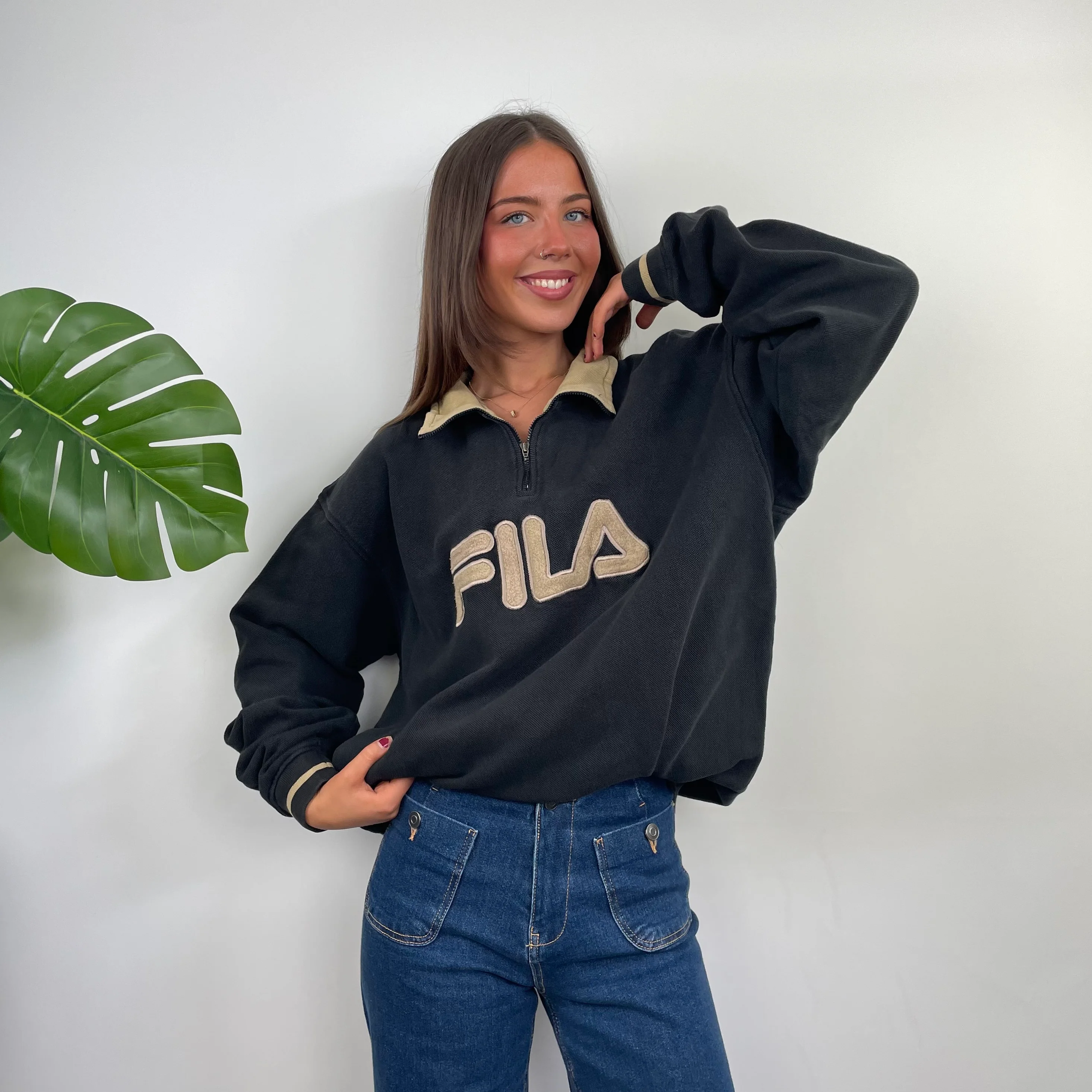 FILA Black Embroidered Spell Out Quarter Zip Sweatshirt (XL)