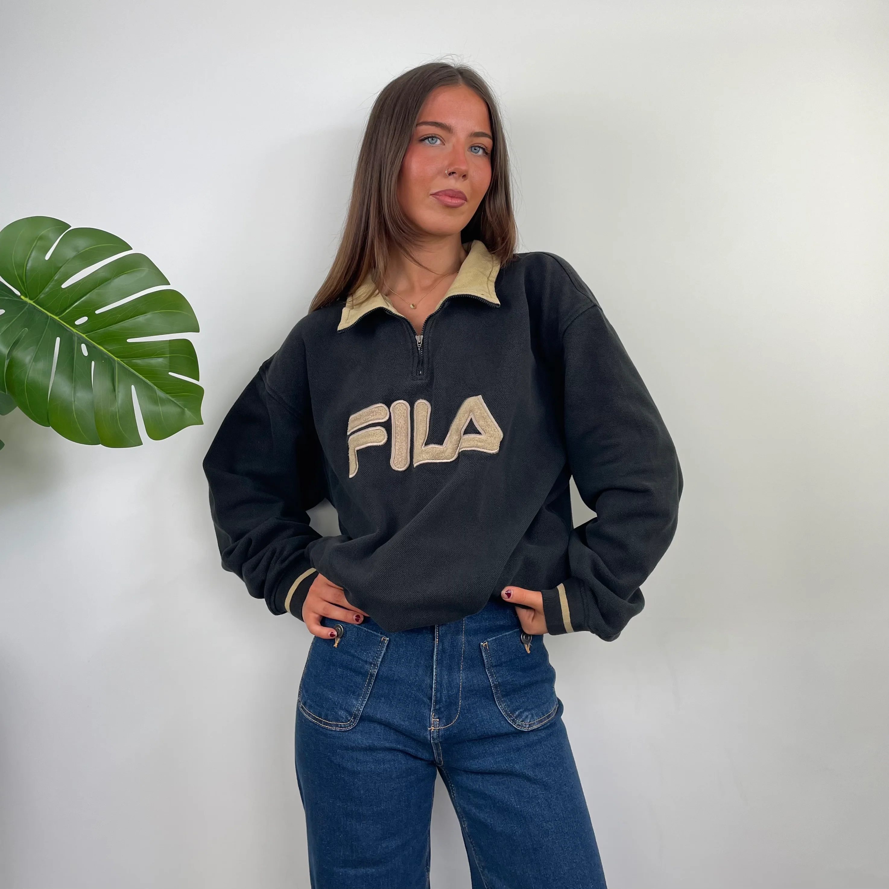 FILA Black Embroidered Spell Out Quarter Zip Sweatshirt (XL) - Image 2