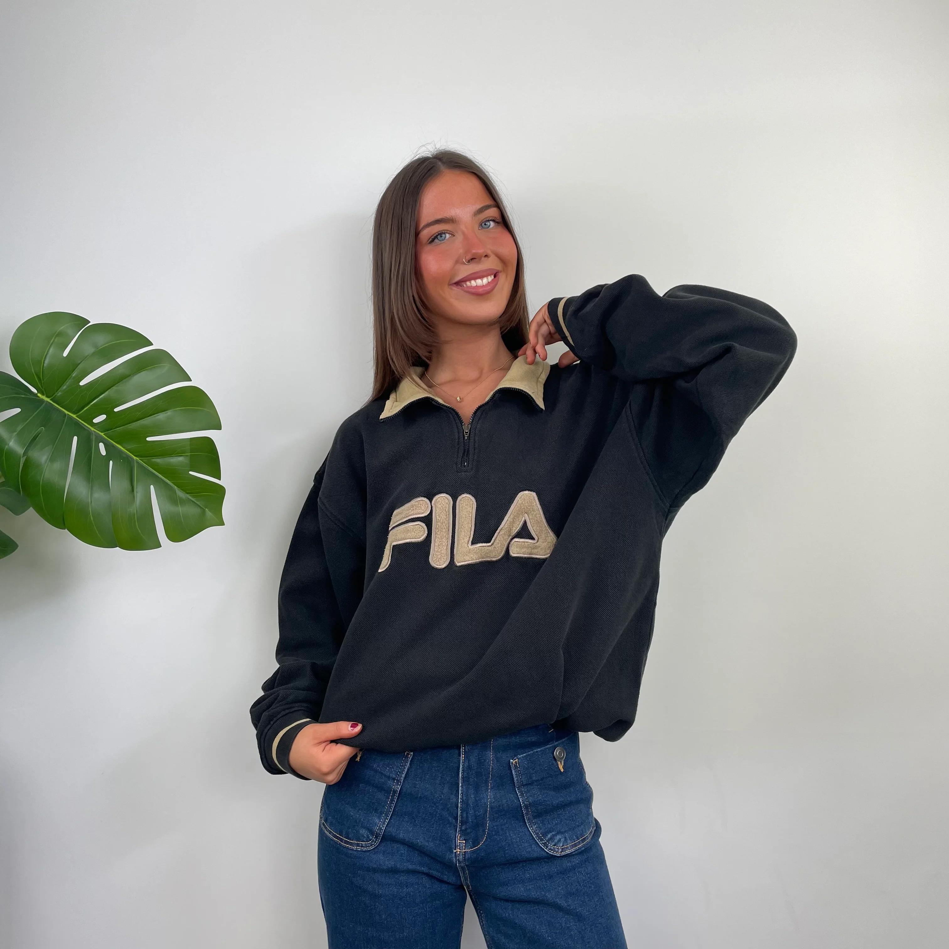 FILA Black Embroidered Spell Out Quarter Zip Sweatshirt (XL) - Image 4