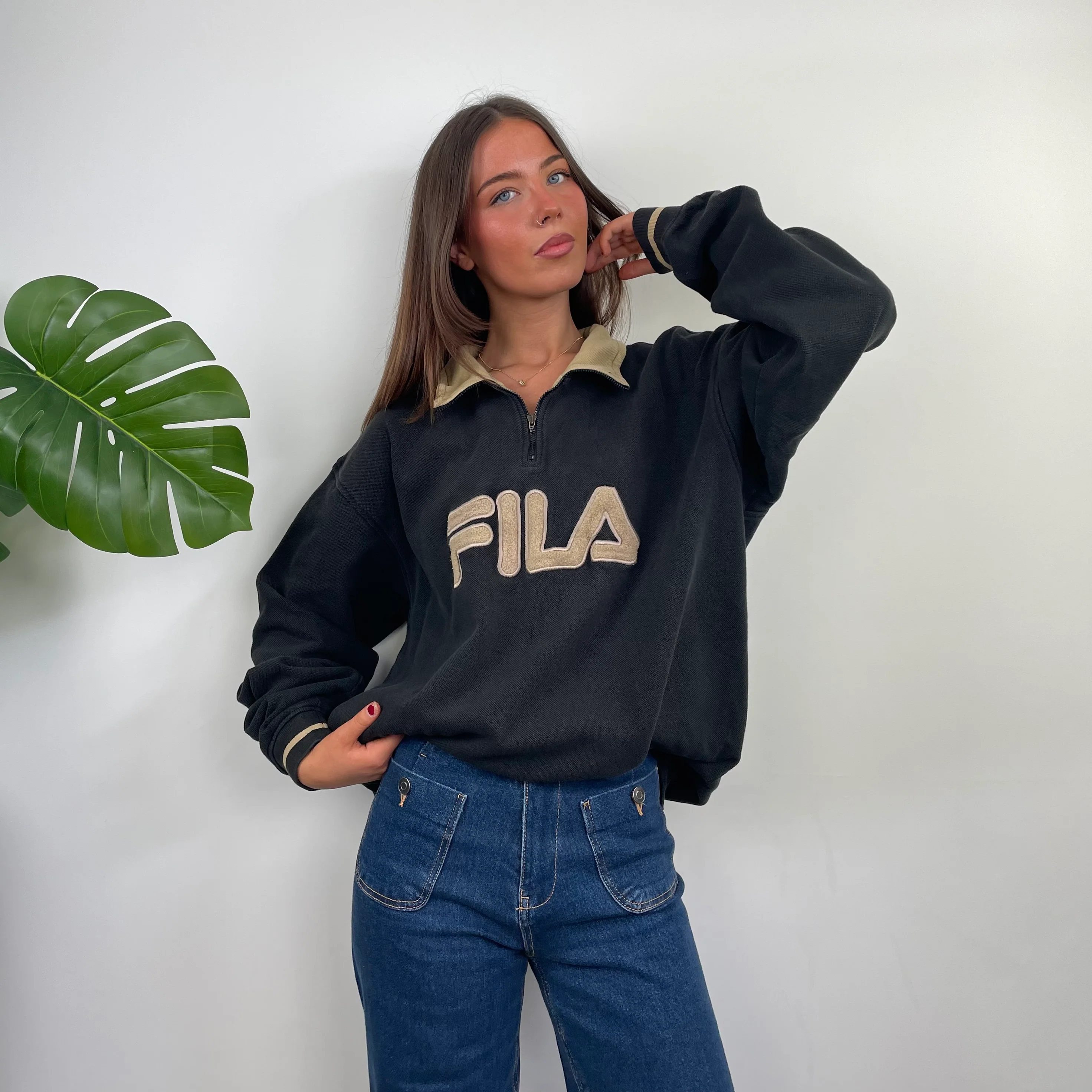 FILA Black Embroidered Spell Out Quarter Zip Sweatshirt (XL) - Image 5