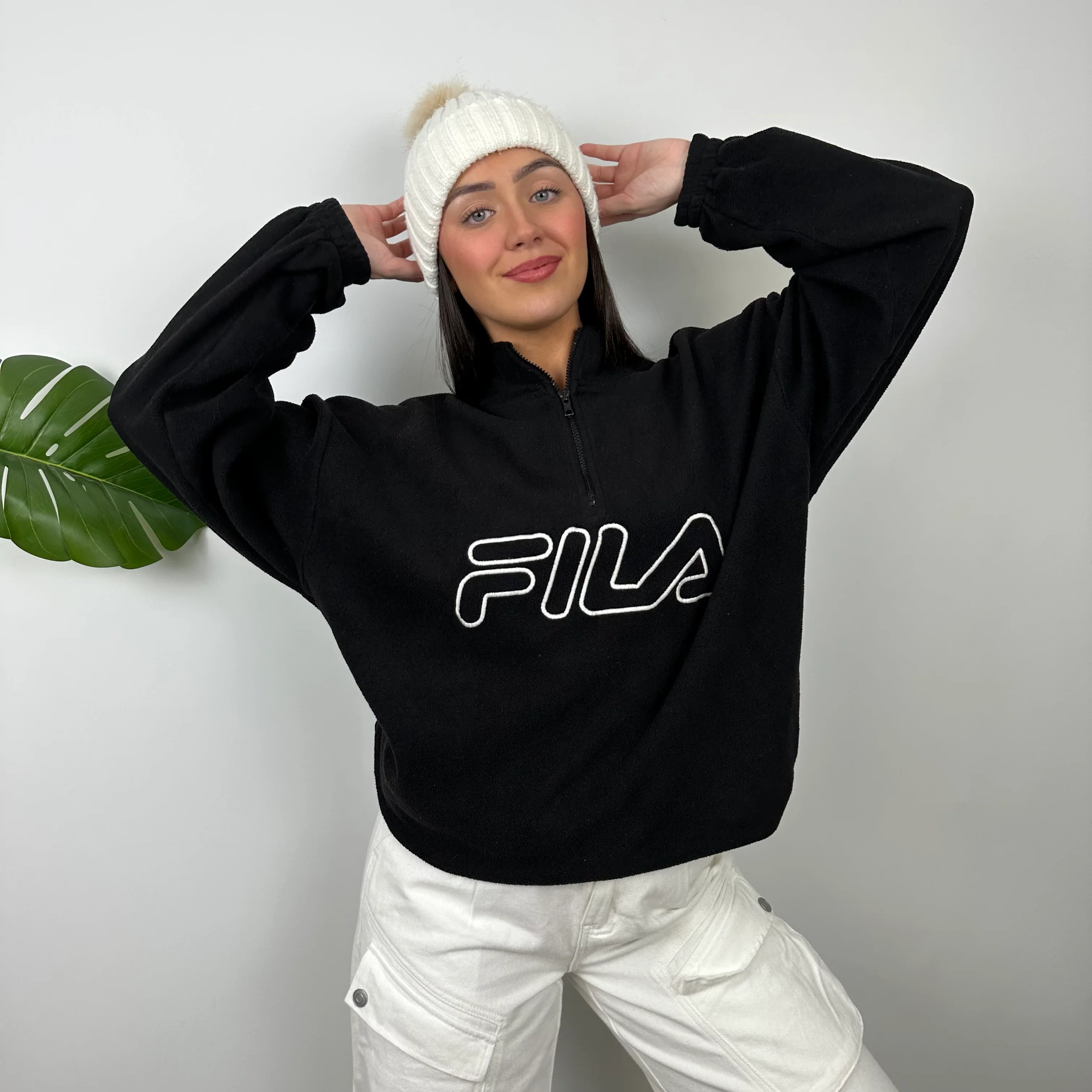 FILA Black Embroidered Spell Out Teddy Bear Fleece Quarter Zip Sweatshirt (L) - Image 3