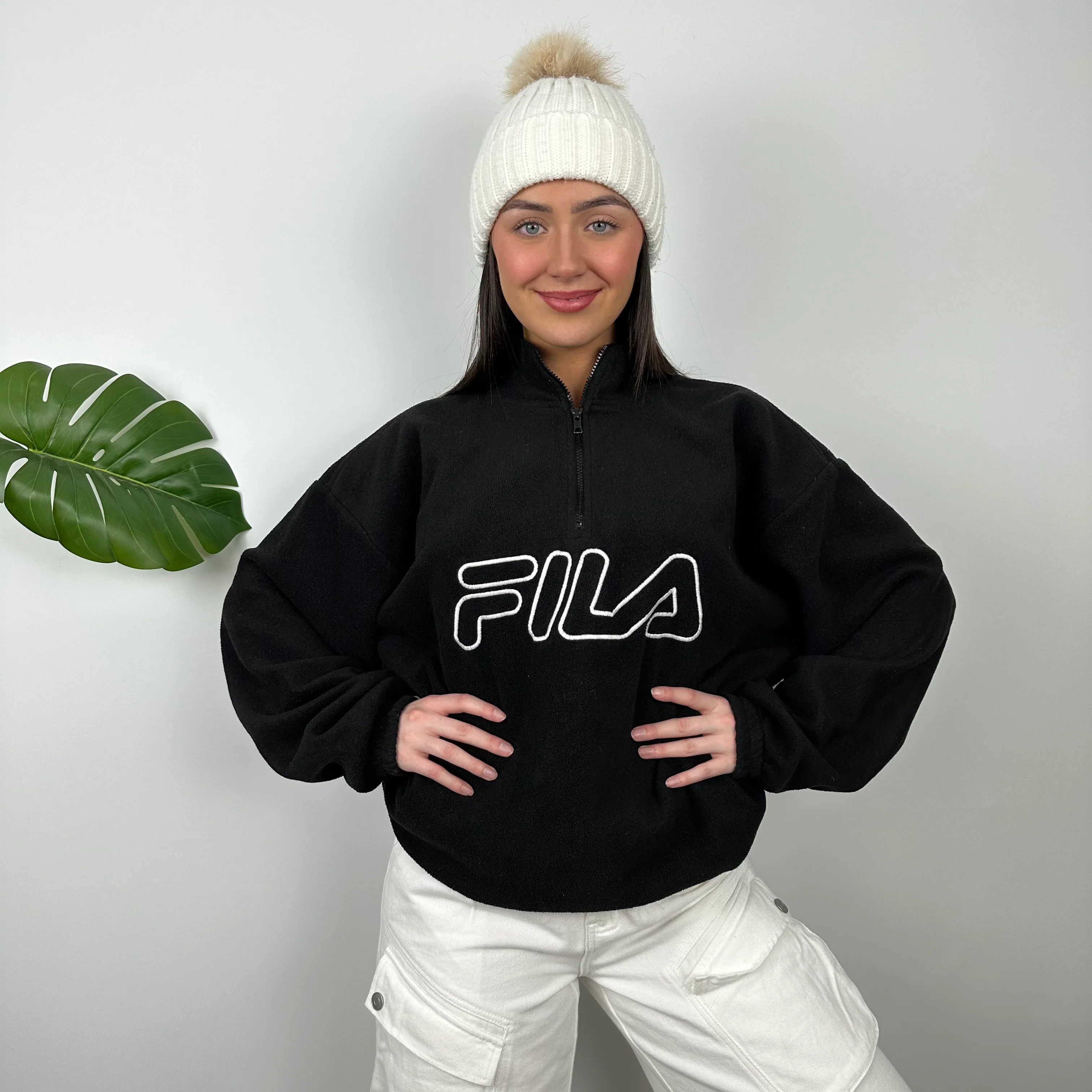 FILA Black Embroidered Spell Out Teddy Bear Fleece Quarter Zip Sweatshirt (L) - Image 5