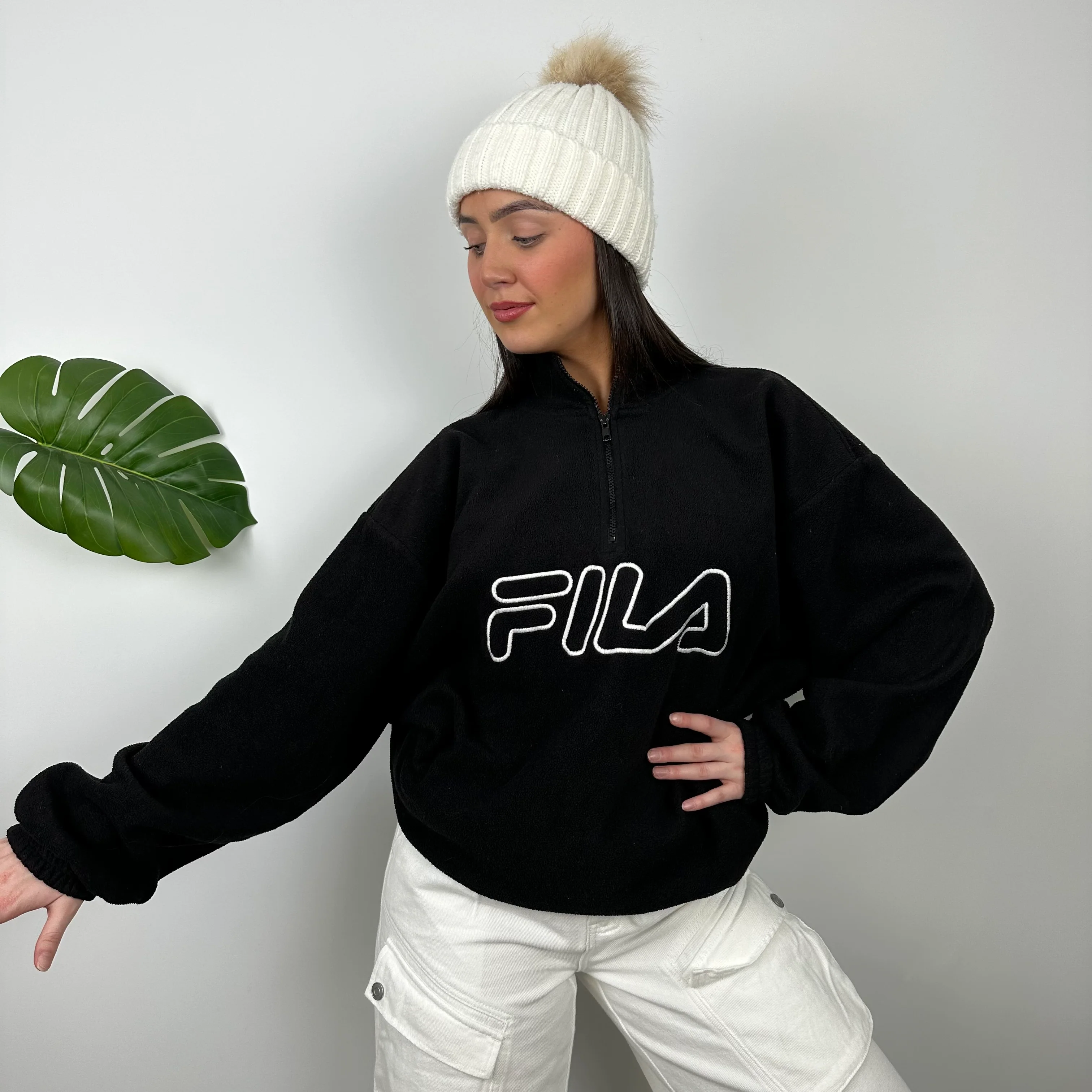 FILA Black Embroidered Spell Out Teddy Bear Fleece Quarter Zip Sweatshirt (L) - Image 6