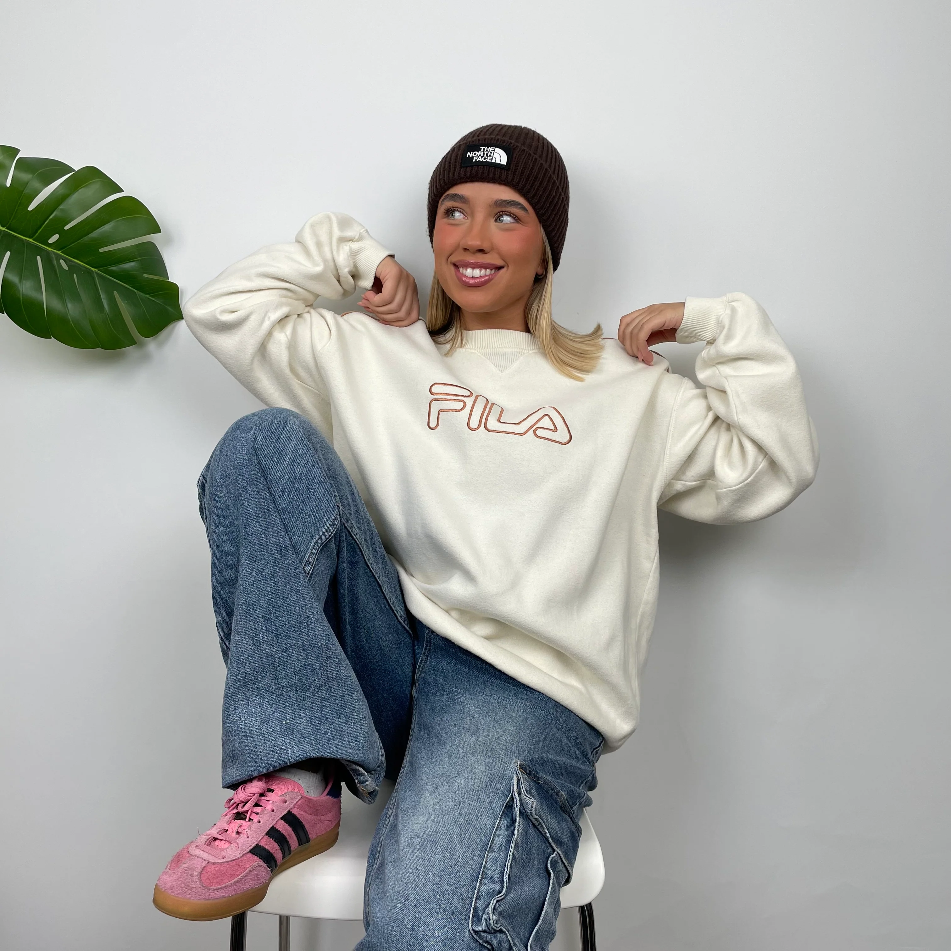 FILA Cream Embroidered Spell Out Sweatshirt (L) - Image 2