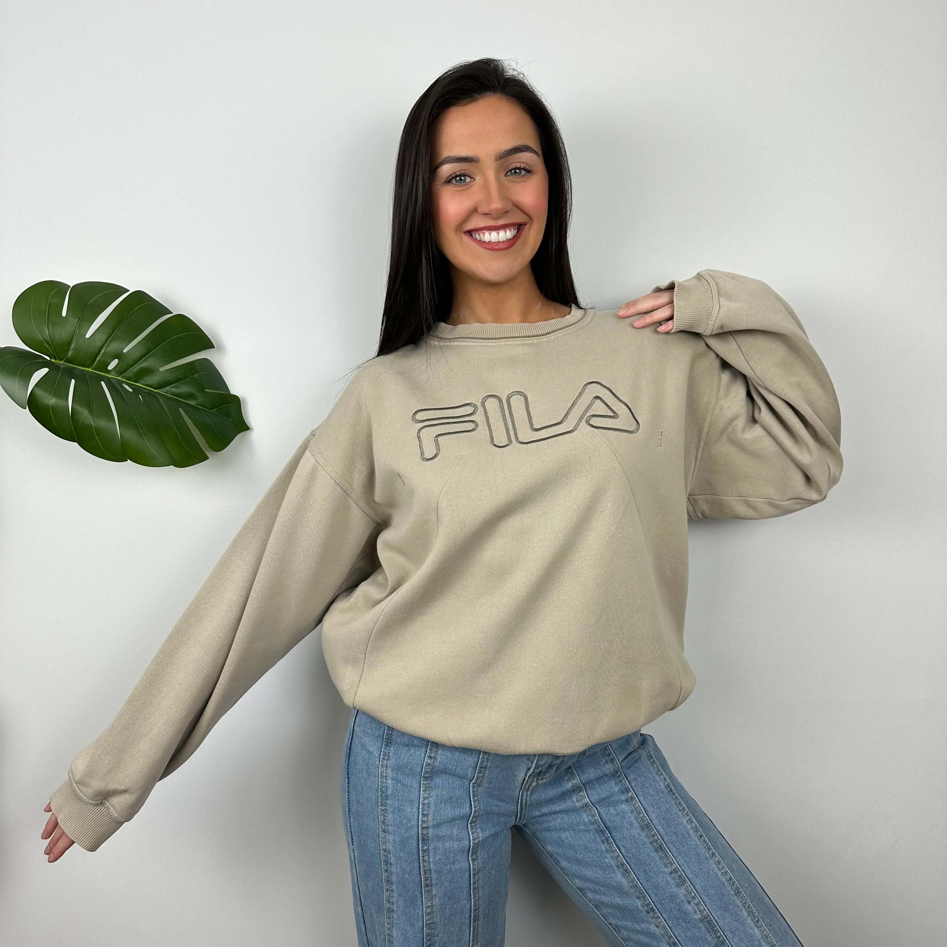 FILA Cream Embroidered Spell Out Sweatshirt (L) - Image 2