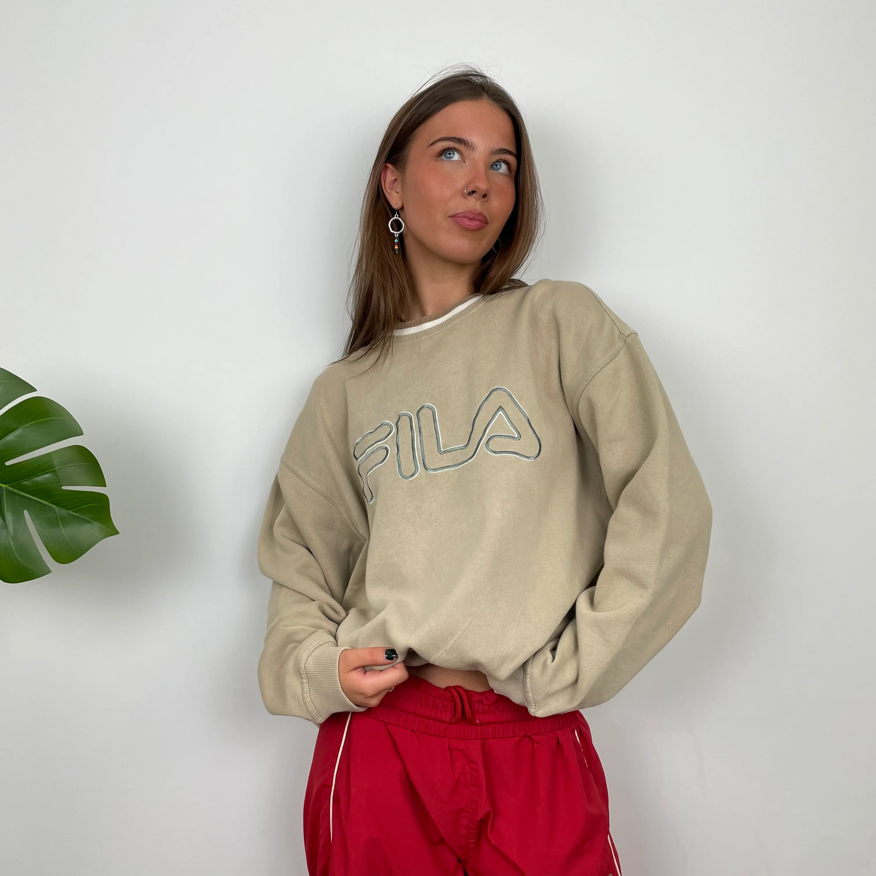 FILA Cream Embroidered Spell Out Sweatshirt (M) - Image 2