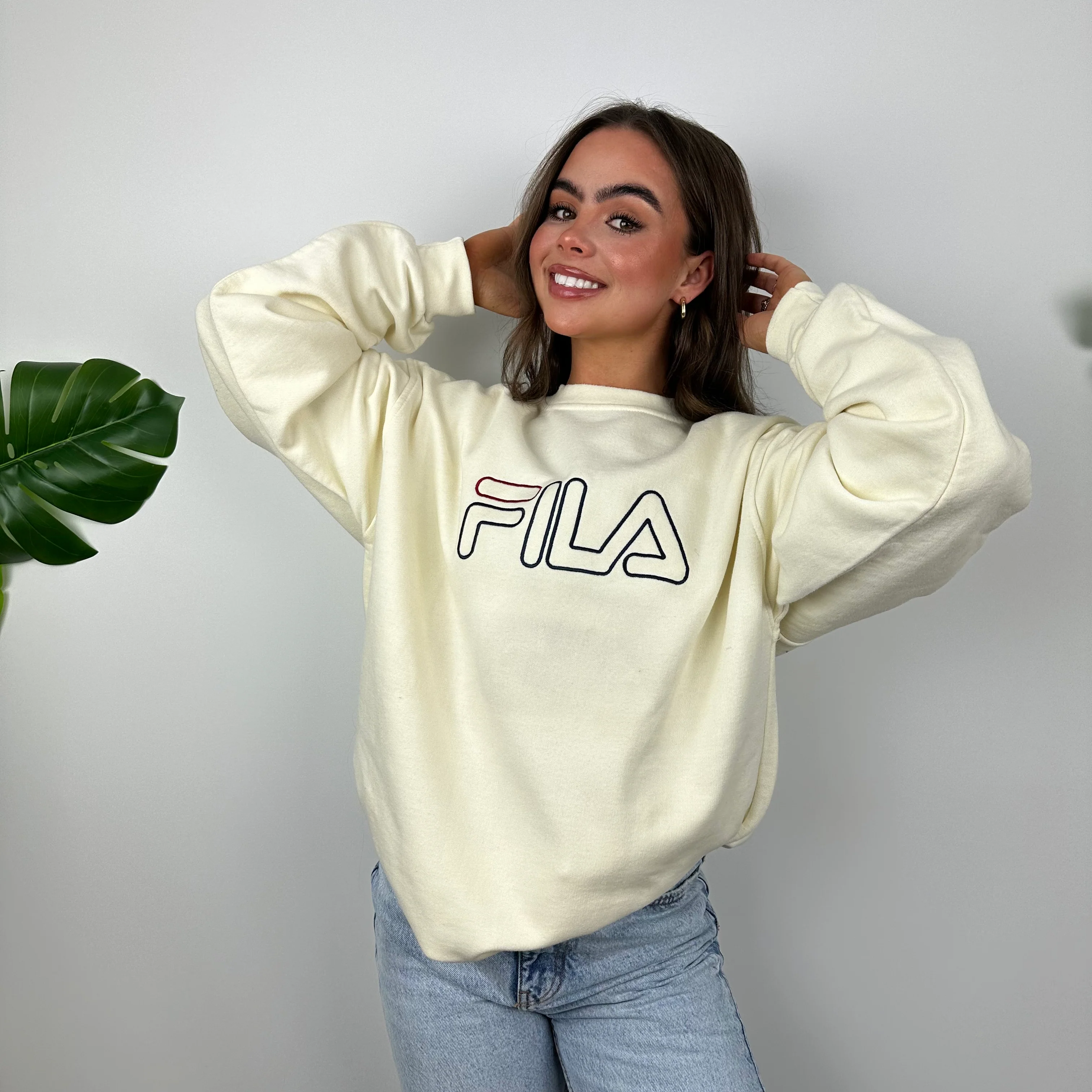 FILA Cream Embroidered Spell Out Sweatshirt (XL) - Image 3