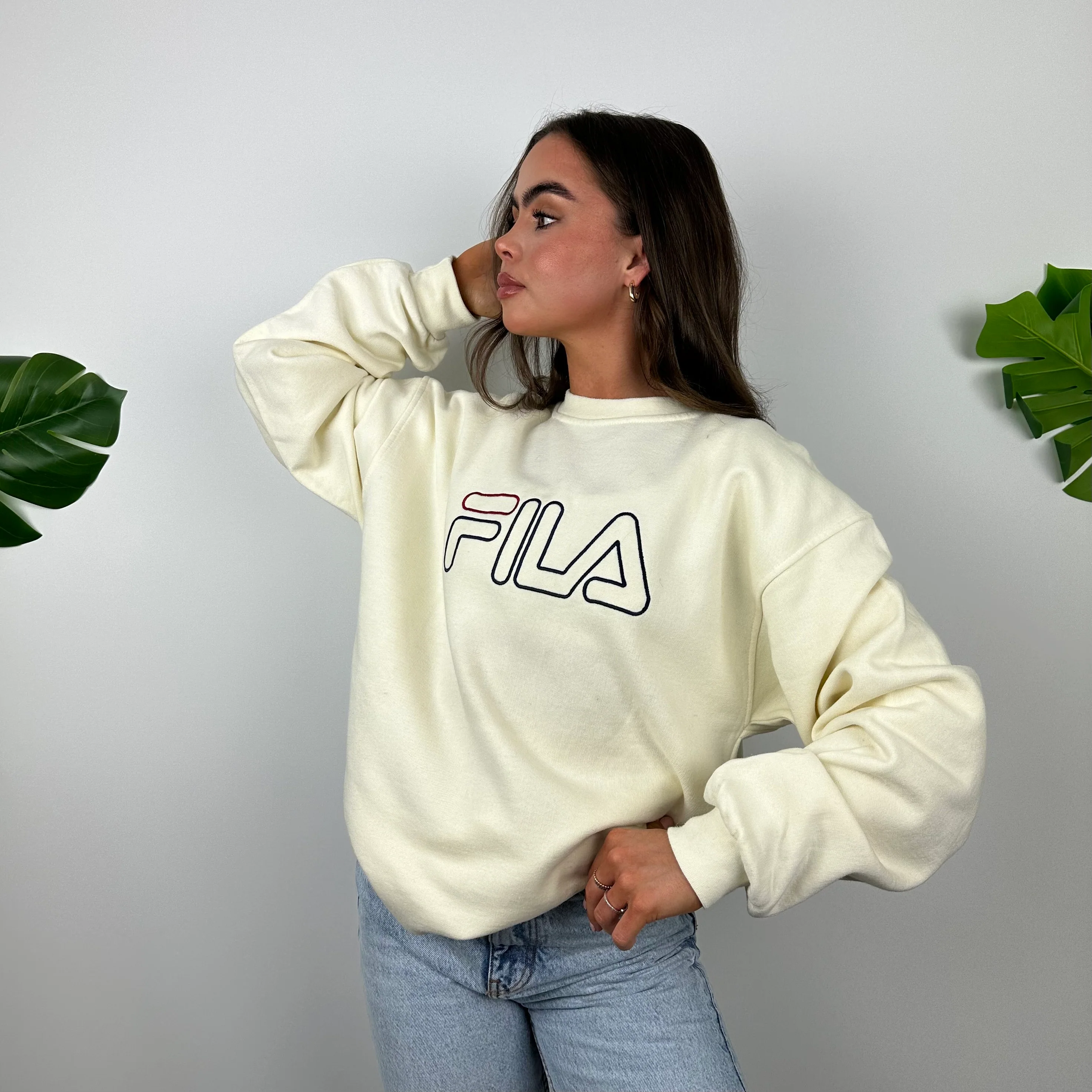 FILA Cream Embroidered Spell Out Sweatshirt (XL) - Image 4