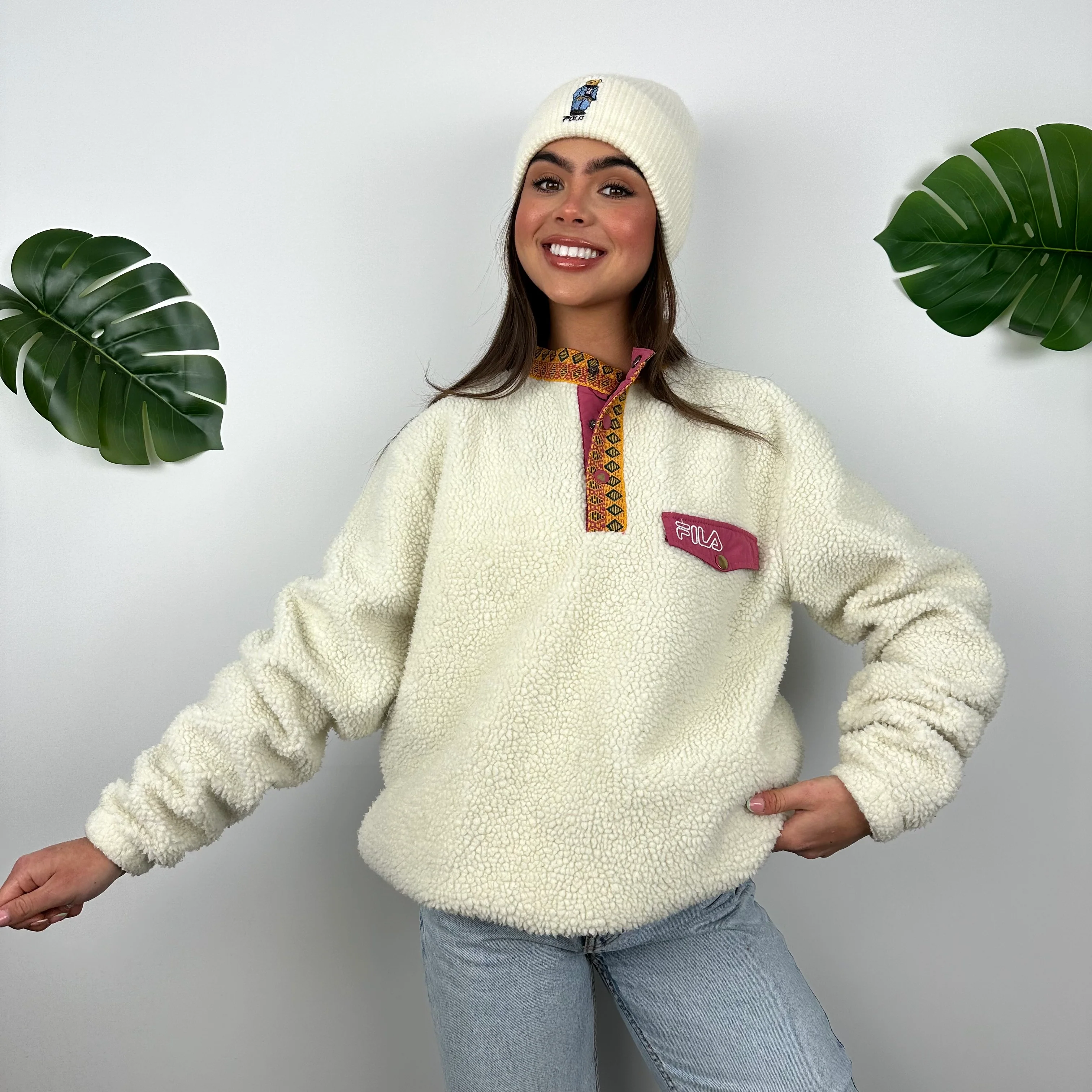 FILA Cream Embroidered Spell Out Teddy Bear Fleece Button Sweatshirt (S) - Image 2